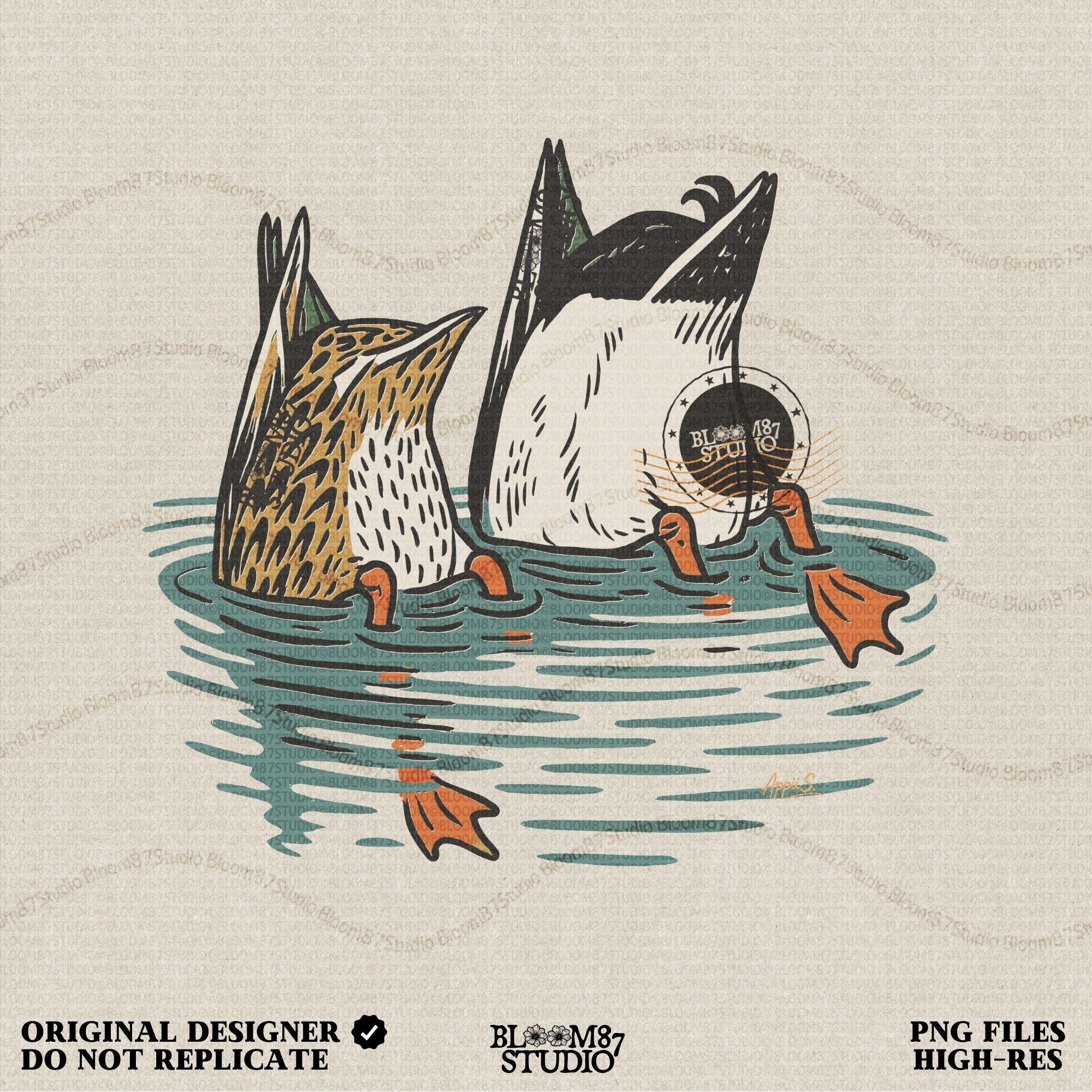 Solid version:
“Two ducks dabbling with tails up and feet in water – funny duck sublimation PNG for hunting shirts and rustic crafts”

Distressed version:
“Vintage distressed sublimation PNG of two ducks with tails up in pond – funny waterfowl hunting and rustic outdoor design”