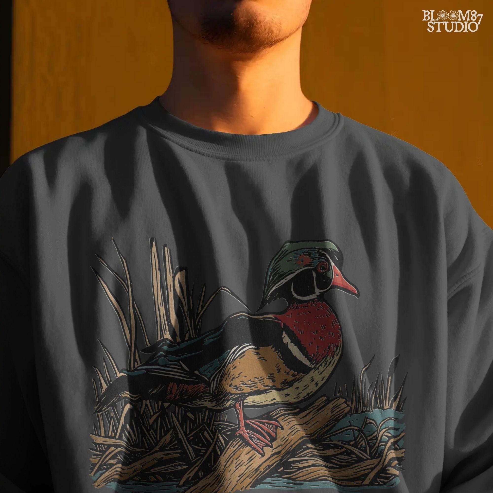 Solid version:
“Wood duck perched on log with marsh grass background – waterfowl sublimation PNG for hunting shirts and rustic cabin crafts”

Distressed version:
“Vintage distressed sublimation PNG of wood duck on log with marsh grass – rustic hunting and fall outdoor craft design”