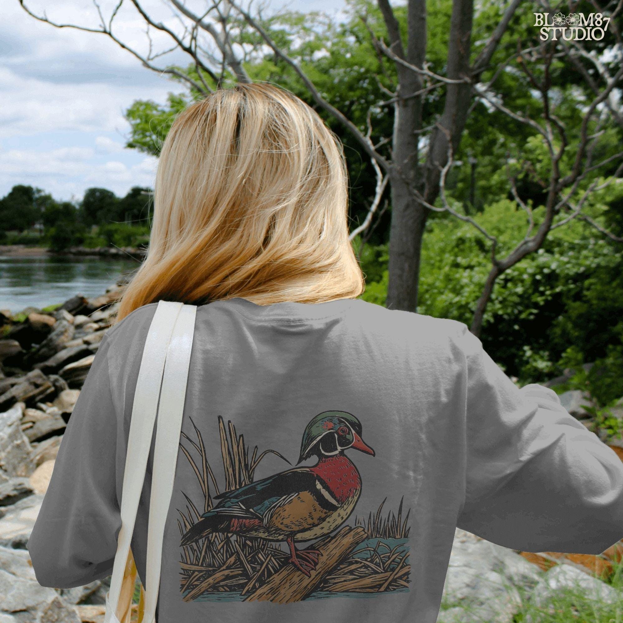 Solid version:
“Wood duck perched on log with marsh grass background – waterfowl sublimation PNG for hunting shirts and rustic cabin crafts”

Distressed version:
“Vintage distressed sublimation PNG of wood duck on log with marsh grass – rustic hunting and fall outdoor craft design”