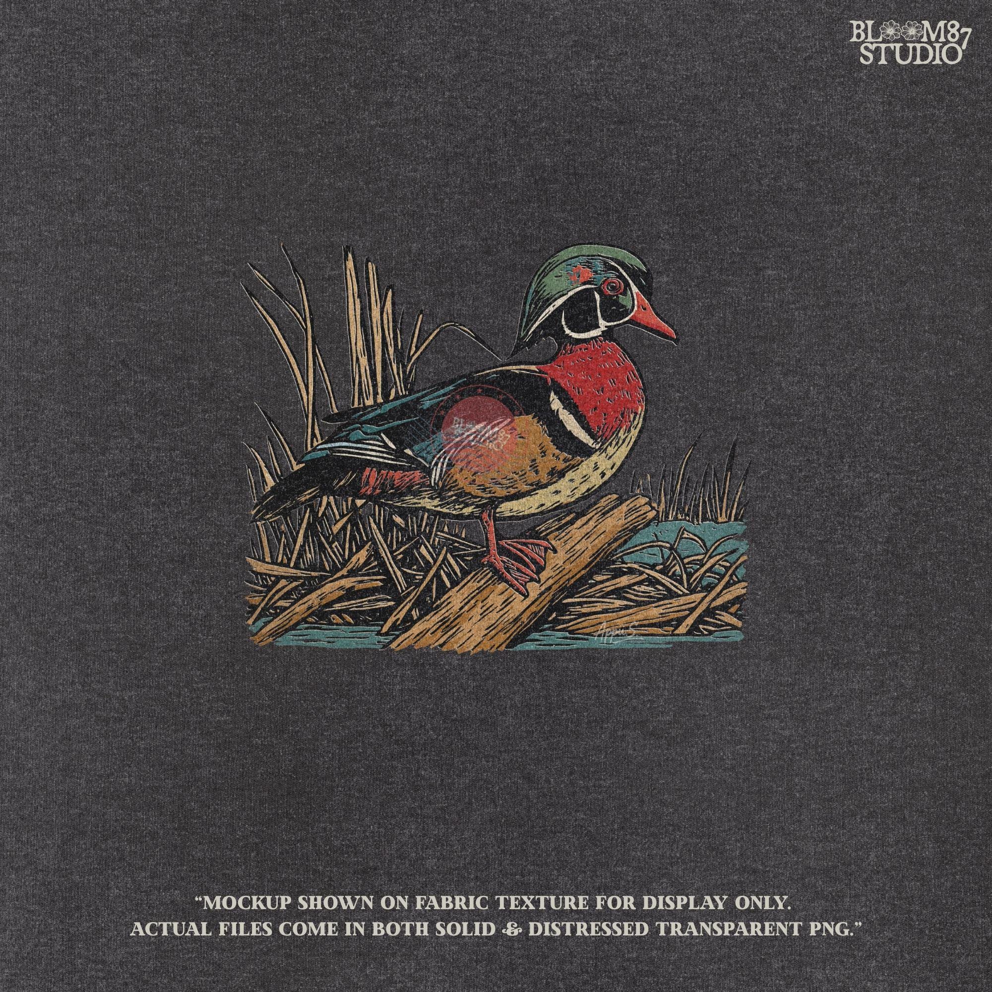 Solid version:
“Wood duck perched on log with marsh grass background – waterfowl sublimation PNG for hunting shirts and rustic cabin crafts”

Distressed version:
“Vintage distressed sublimation PNG of wood duck on log with marsh grass – rustic hunting and fall outdoor craft design”
