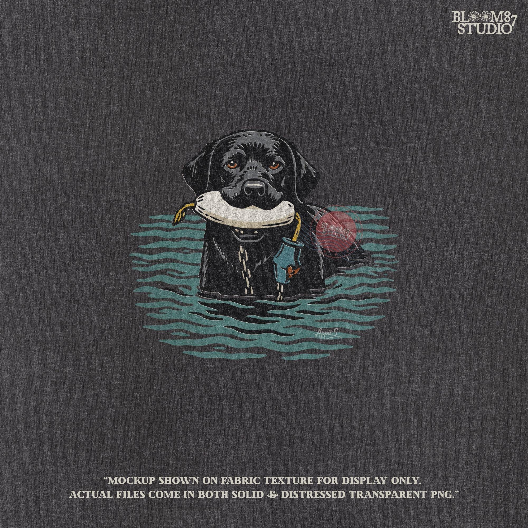 Solid version:
“Black lab retriever swimming in water holding training bumper – hunting dog sublimation PNG for shirts and outdoor crafts”

Distressed version:
“Vintage distressed sublimation PNG of black lab hunting retriever with bumper in water – rustic outdoor and hunting shirt design”