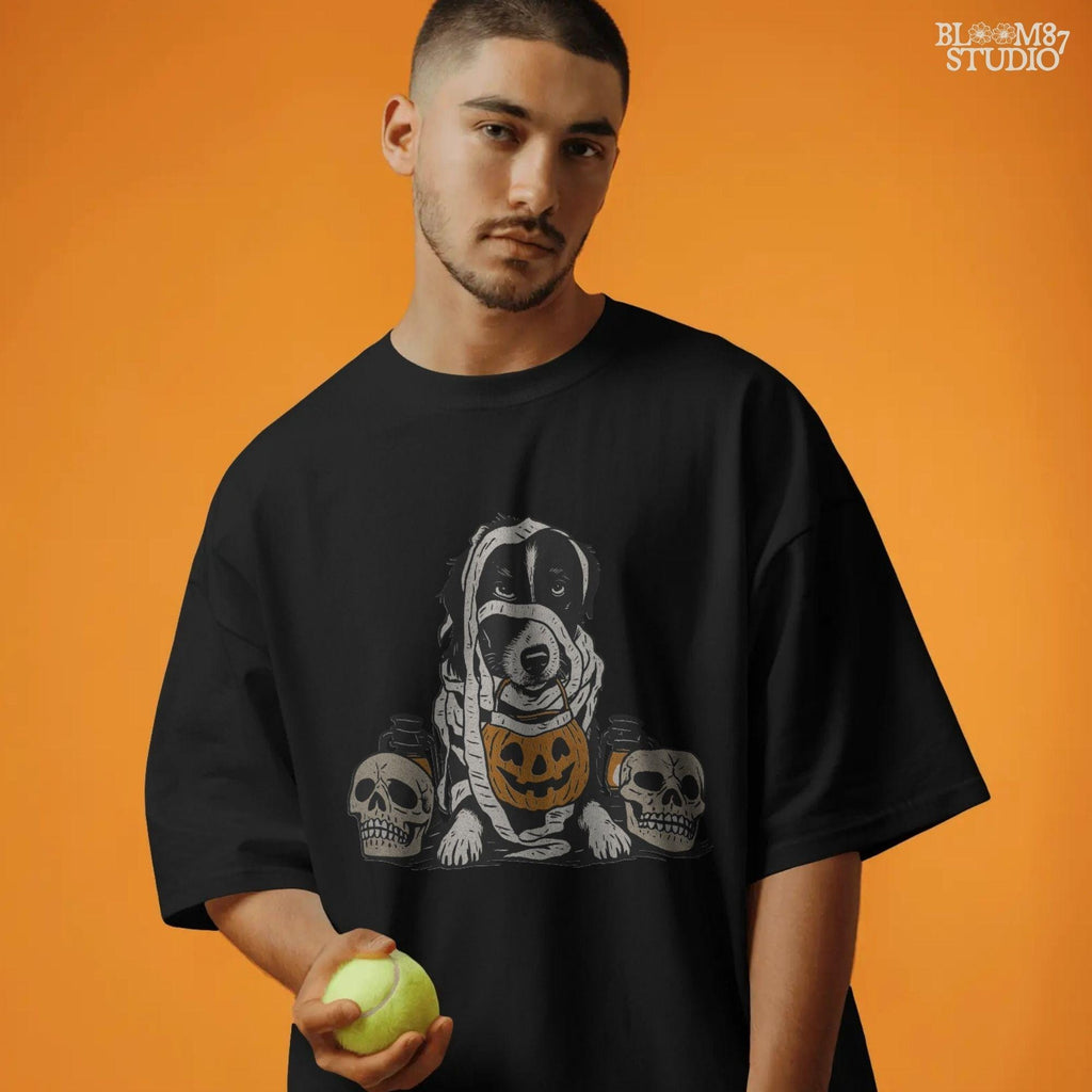 Solid version:
“Dog dressed as a mummy holding pumpkin bucket with skulls and lanterns – Halloween dog sublimation PNG for spooky crafts”

Distressed version:
“Vintage distressed sublimation PNG of mummy dog with pumpkin bucket and skulls – spooky Halloween pet artwork for fall designs”