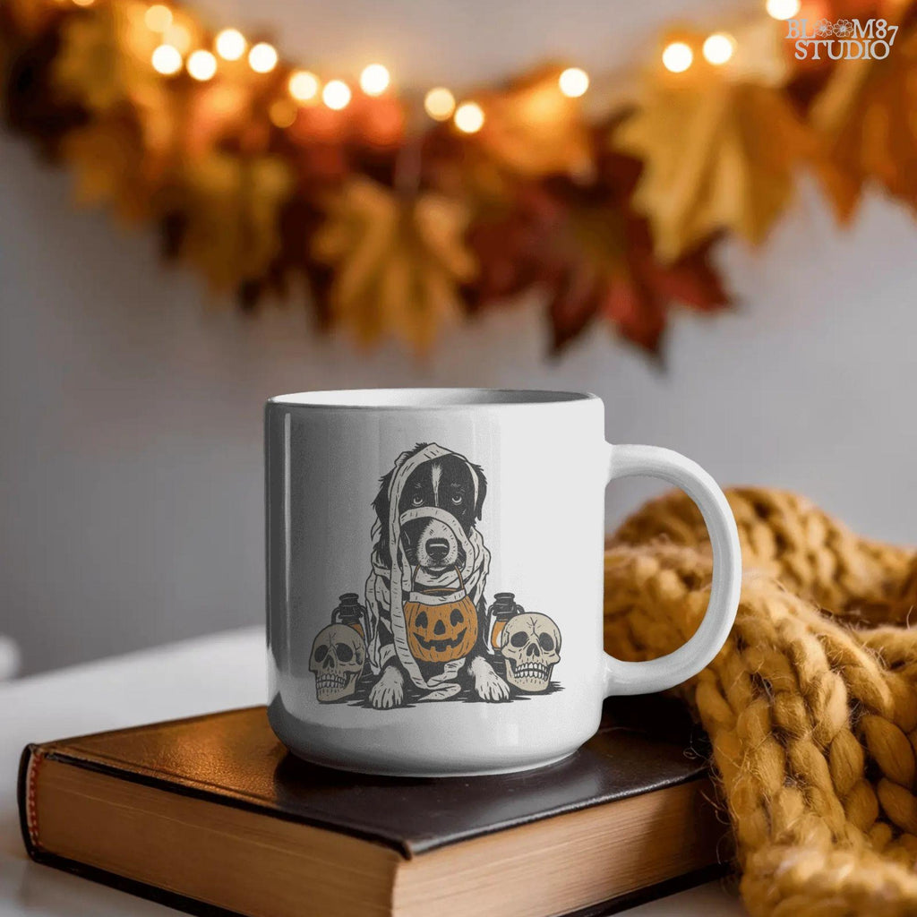 Solid version:
“Dog dressed as a mummy holding pumpkin bucket with skulls and lanterns – Halloween dog sublimation PNG for spooky crafts”

Distressed version:
“Vintage distressed sublimation PNG of mummy dog with pumpkin bucket and skulls – spooky Halloween pet artwork for fall designs”