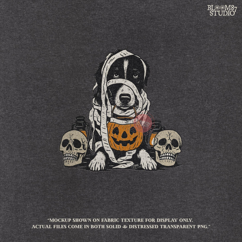 Solid version:
“Dog dressed as a mummy holding pumpkin bucket with skulls and lanterns – Halloween dog sublimation PNG for spooky crafts”

Distressed version:
“Vintage distressed sublimation PNG of mummy dog with pumpkin bucket and skulls – spooky Halloween pet artwork for fall designs”