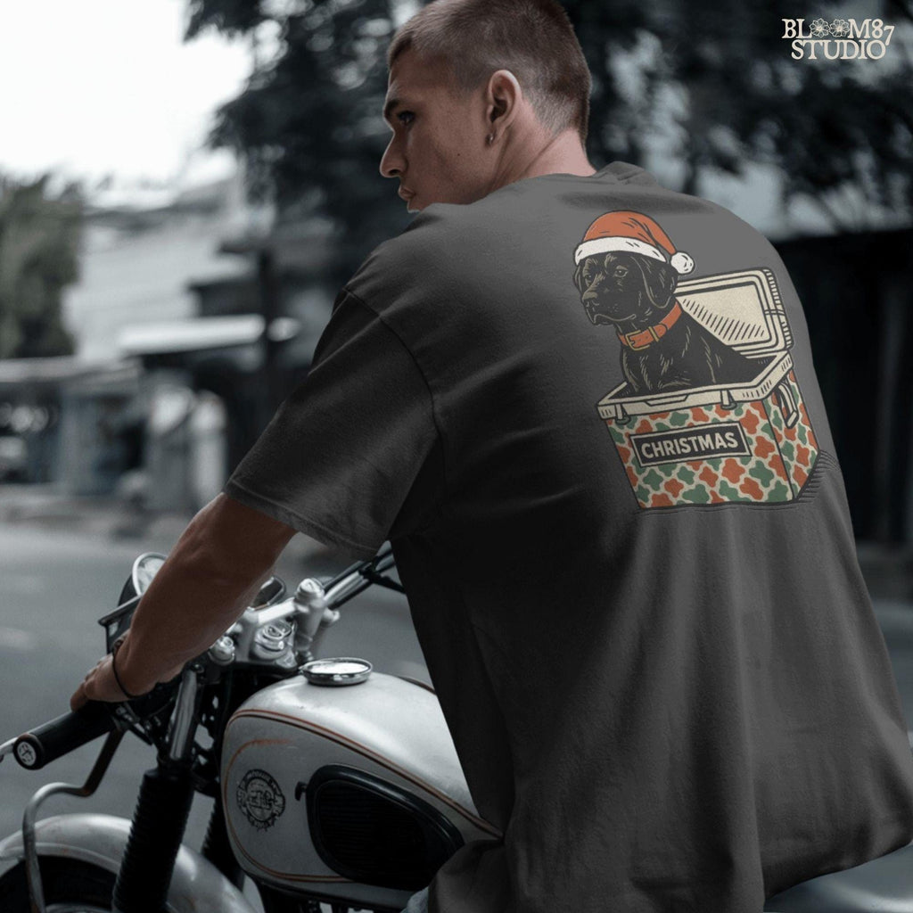 Solid version:
“Black lab dog wearing Santa hat sitting inside Christmas cooler box – holiday sublimation PNG for festive crafts and pet lover gifts”

Distressed version:
“Vintage distressed PNG of black lab with Santa hat in Christmas cooler – festive sublimation design for winter crafts and décor”