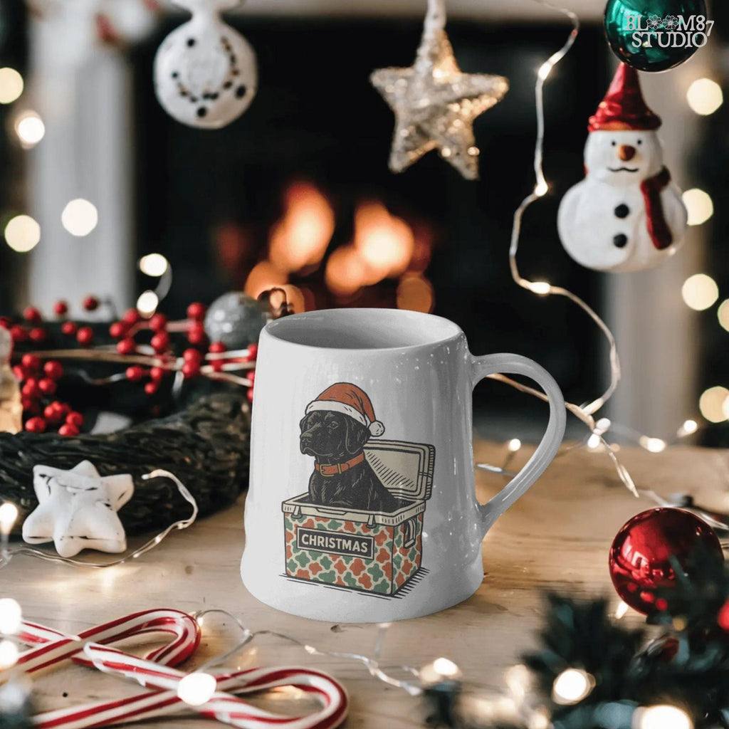 Solid version:
“Black lab dog wearing Santa hat sitting inside Christmas cooler box – holiday sublimation PNG for festive crafts and pet lover gifts”

Distressed version:
“Vintage distressed PNG of black lab with Santa hat in Christmas cooler – festive sublimation design for winter crafts and décor”