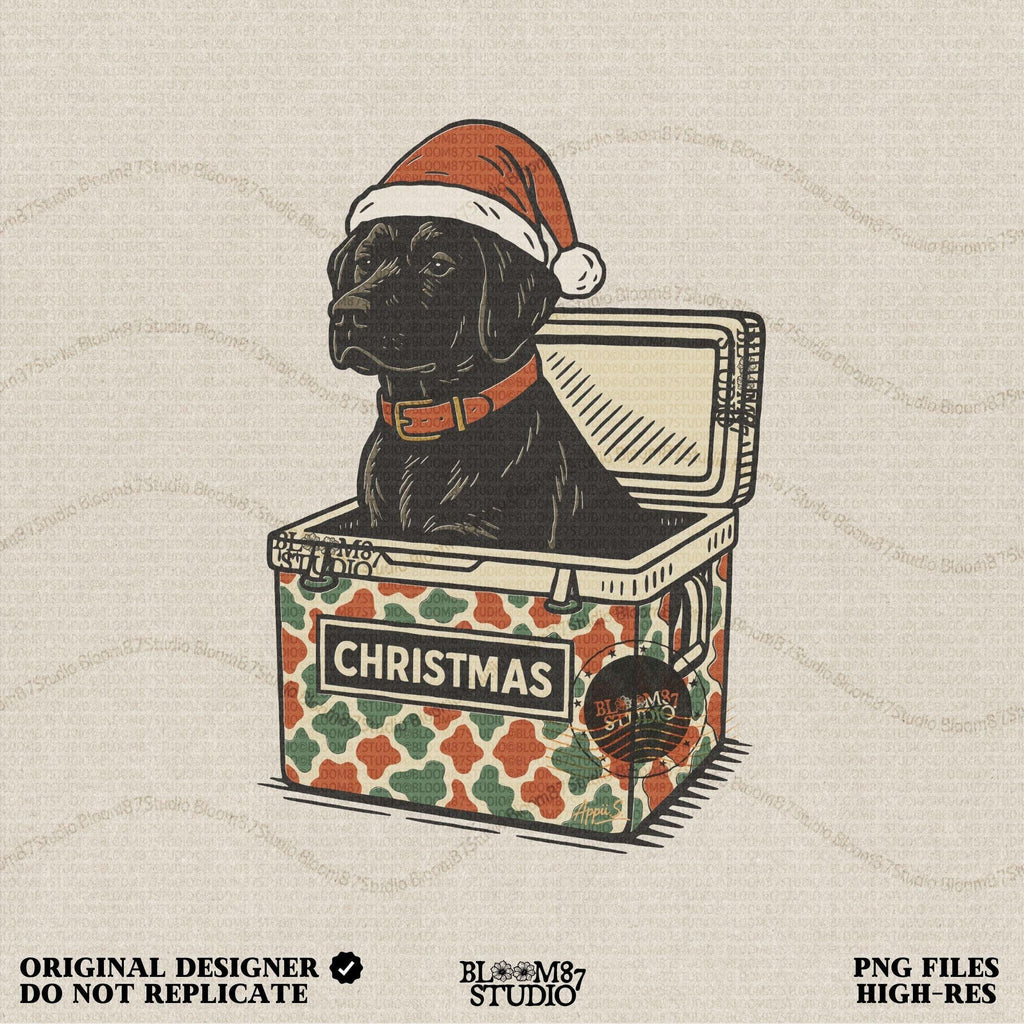 Solid version:
“Black lab dog wearing Santa hat sitting inside Christmas cooler box – holiday sublimation PNG for festive crafts and pet lover gifts”

Distressed version:
“Vintage distressed PNG of black lab with Santa hat in Christmas cooler – festive sublimation design for winter crafts and décor”