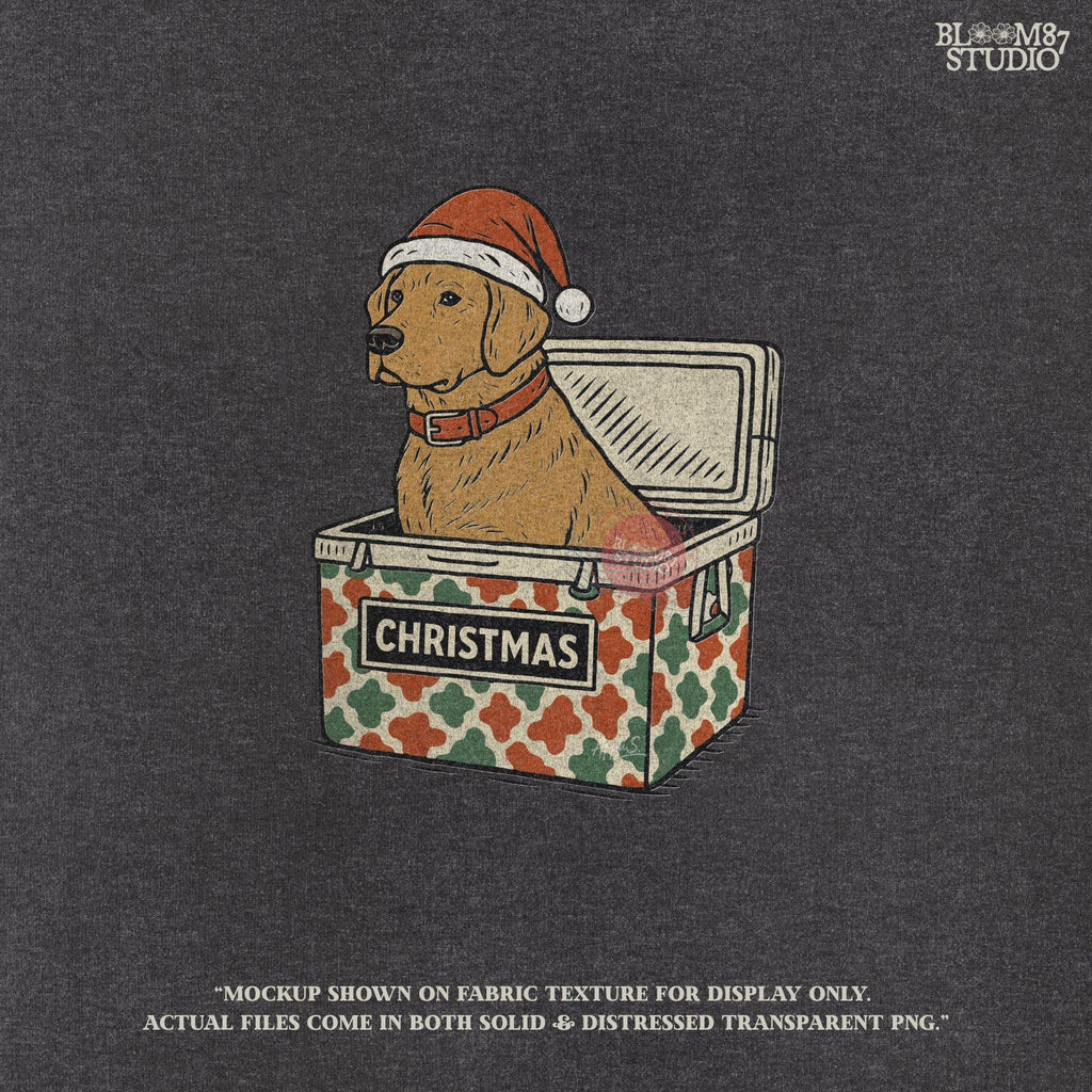 Solid version:
“Yellow lab dog wearing Santa hat sitting inside Christmas cooler box – holiday sublimation PNG for festive crafts and pet lover gifts”

Distressed version:
“Vintage distressed PNG of yellow lab with Santa hat in Christmas cooler – festive sublimation design for winter crafts and holiday décor”