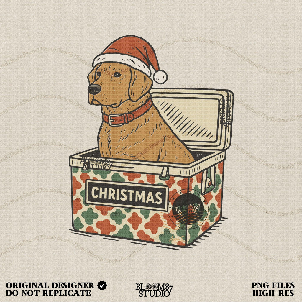 Solid version:
“Yellow lab dog wearing Santa hat sitting inside Christmas cooler box – holiday sublimation PNG for festive crafts and pet lover gifts”

Distressed version:
“Vintage distressed PNG of yellow lab with Santa hat in Christmas cooler – festive sublimation design for winter crafts and holiday décor”