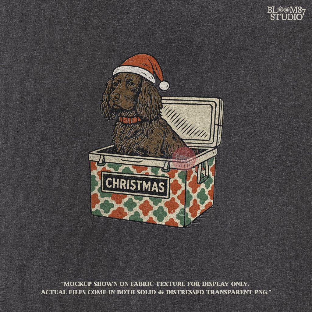 “Brown spaniel dog wearing Santa hat sitting inside Christmas cooler box – holiday sublimation PNG for festive crafts and pet lover gifts”

Distressed version:
“Vintage distressed PNG of spaniel dog with Santa hat in Christmas cooler – festive sublimation design for winter crafts and holiday décor”