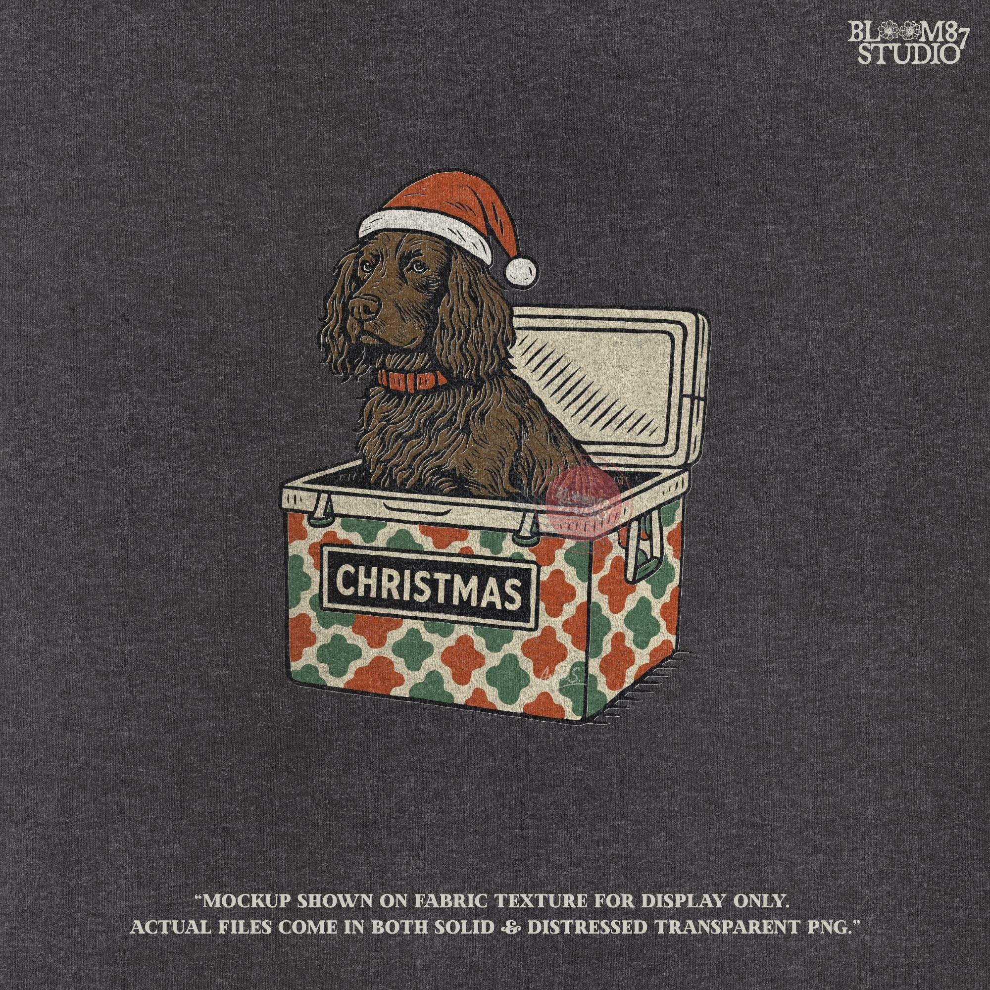 “Brown spaniel dog wearing Santa hat sitting inside Christmas cooler box – holiday sublimation PNG for festive crafts and pet lover gifts”

Distressed version:
“Vintage distressed PNG of spaniel dog with Santa hat in Christmas cooler – festive sublimation design for winter crafts and holiday décor”