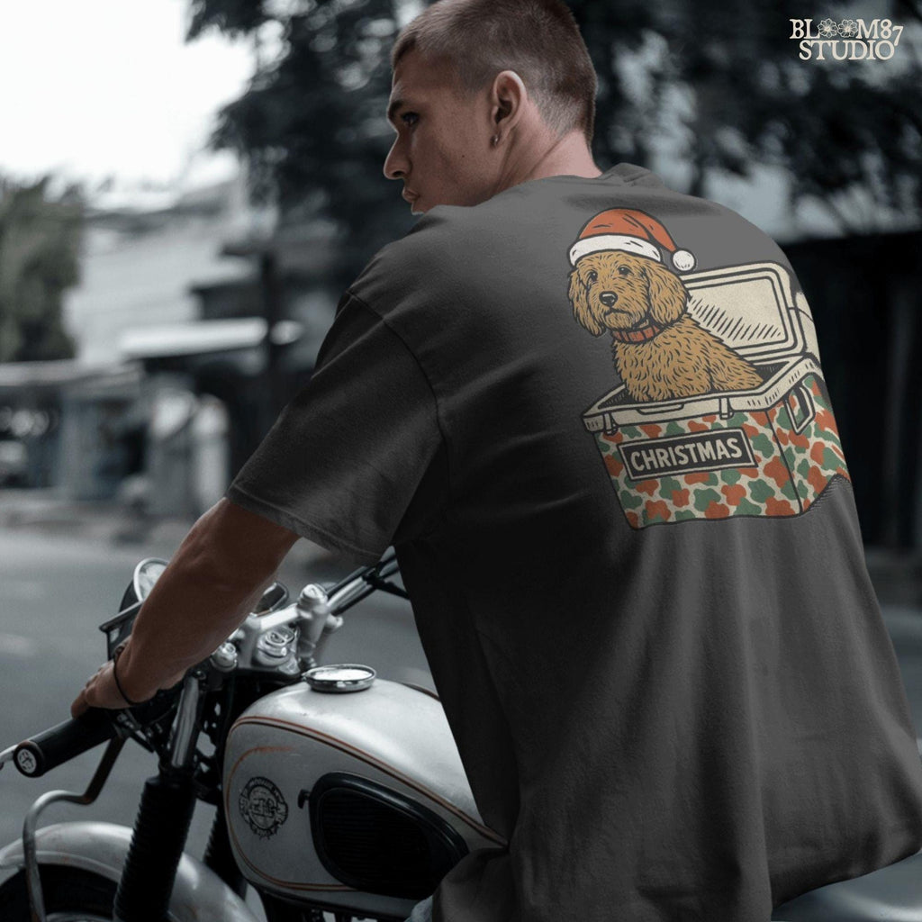 Solid version:
“Brown spaniel dog wearing Santa hat sitting inside Christmas cooler box – holiday sublimation PNG for festive crafts and pet lover gifts”

Distressed version:
“Vintage distressed PNG of spaniel dog with Santa hat in Christmas cooler – festive sublimation design for winter crafts and holiday décor”