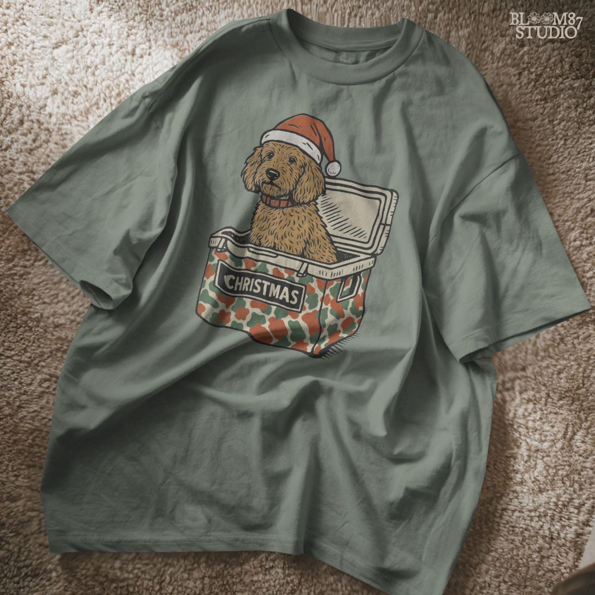 Solid version:
“Brown spaniel dog wearing Santa hat sitting inside Christmas cooler box – holiday sublimation PNG for festive crafts and pet lover gifts”

Distressed version:
“Vintage distressed PNG of spaniel dog with Santa hat in Christmas cooler – festive sublimation design for winter crafts and holiday décor”