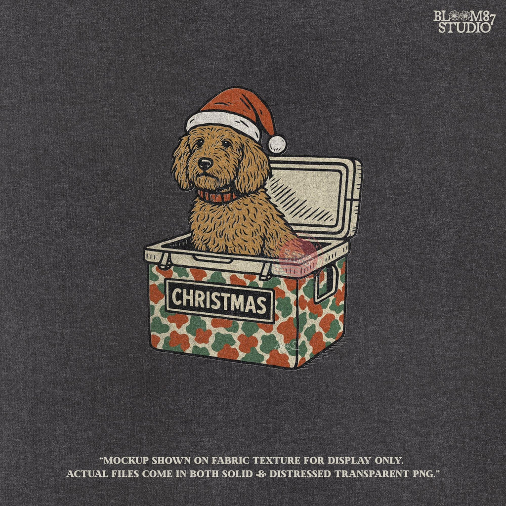 Solid version:
“Brown spaniel dog wearing Santa hat sitting inside Christmas cooler box – holiday sublimation PNG for festive crafts and pet lover gifts”

Distressed version:
“Vintage distressed PNG of spaniel dog with Santa hat in Christmas cooler – festive sublimation design for winter crafts and holiday décor”