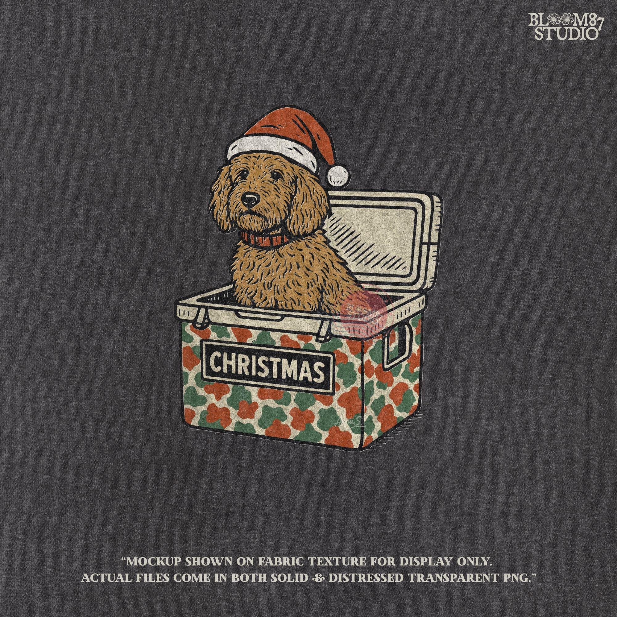 Solid version:
“Brown spaniel dog wearing Santa hat sitting inside Christmas cooler box – holiday sublimation PNG for festive crafts and pet lover gifts”

Distressed version:
“Vintage distressed PNG of spaniel dog with Santa hat in Christmas cooler – festive sublimation design for winter crafts and holiday décor”