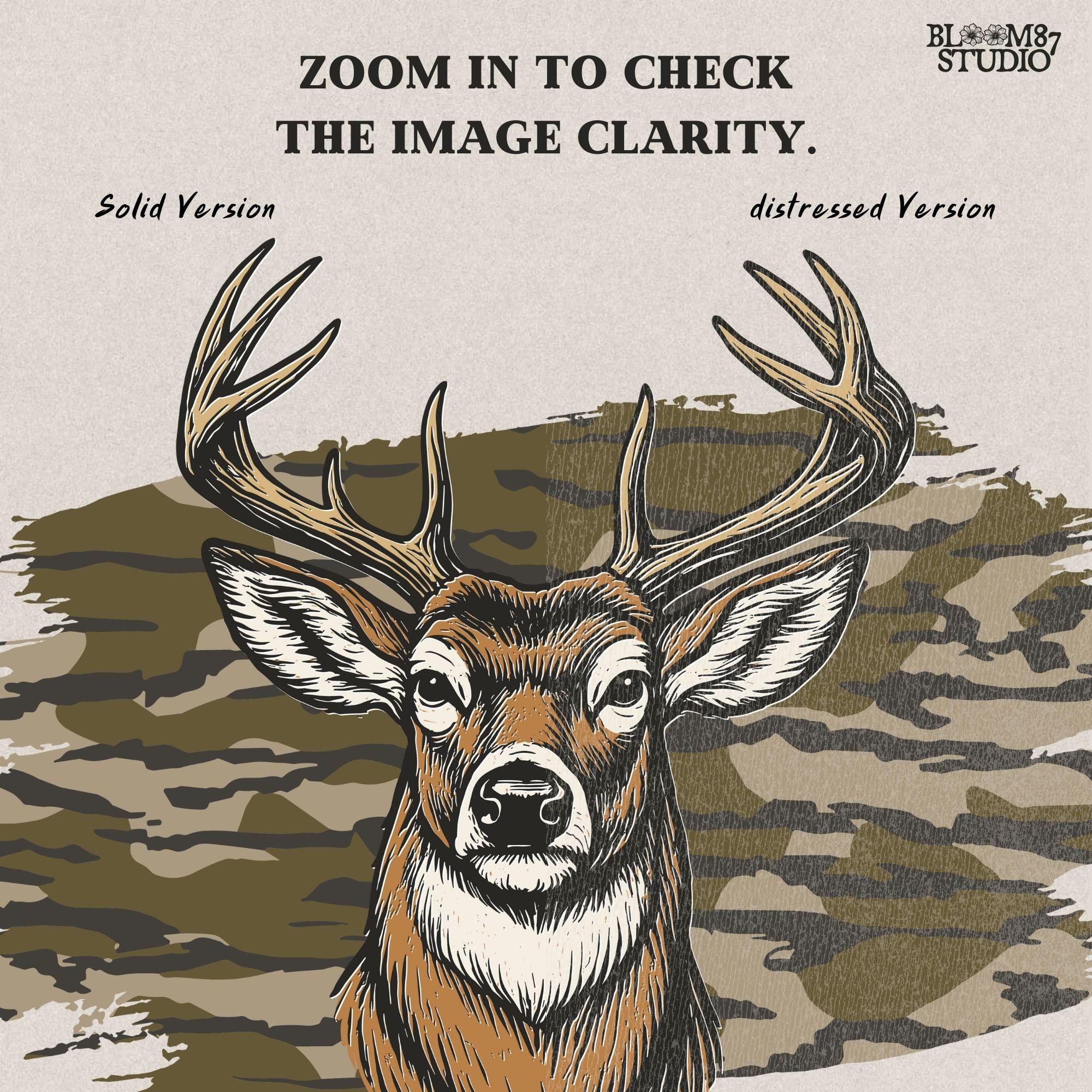 Solid version:
“Deer head with antlers in front of camouflage background – PNG for hunting sublimation, rustic lodge art, and fall crafts”

Distressed version:
“Vintage distressed PNG of deer head with antlers over camo background – rustic hunting design for shirts, mugs, and lodge décor”