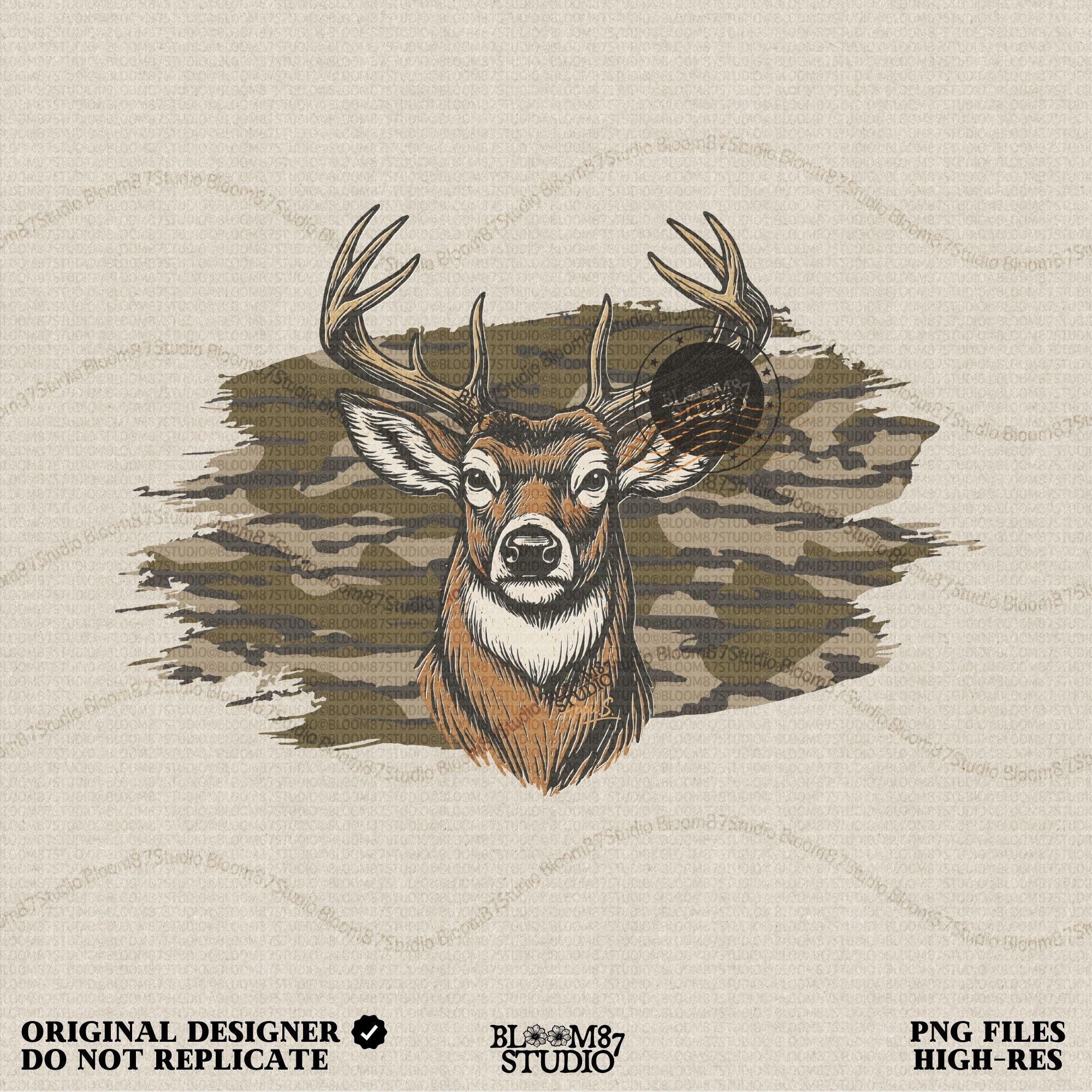 Solid version:
“Deer head with antlers in front of camouflage background – PNG for hunting sublimation, rustic lodge art, and fall crafts”

Distressed version:
“Vintage distressed PNG of deer head with antlers over camo background – rustic hunting design for shirts, mugs, and lodge décor”