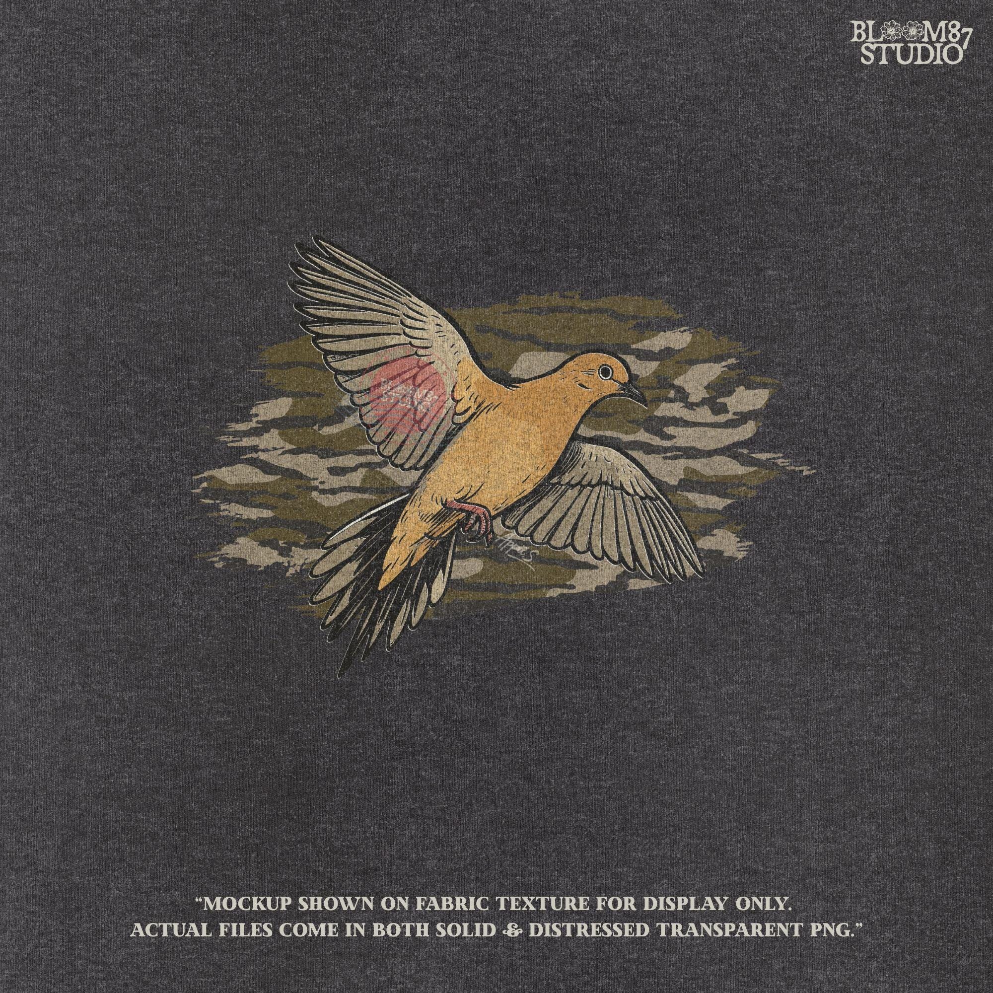 Solid version: Illustration of a mourning dove flying with wings spread, set against a camouflage background, hunting sublimation PNG.
Distressed version: Vintage mourning dove in flight with camo background, rustic distressed hunting PNG for outdoor crafts.