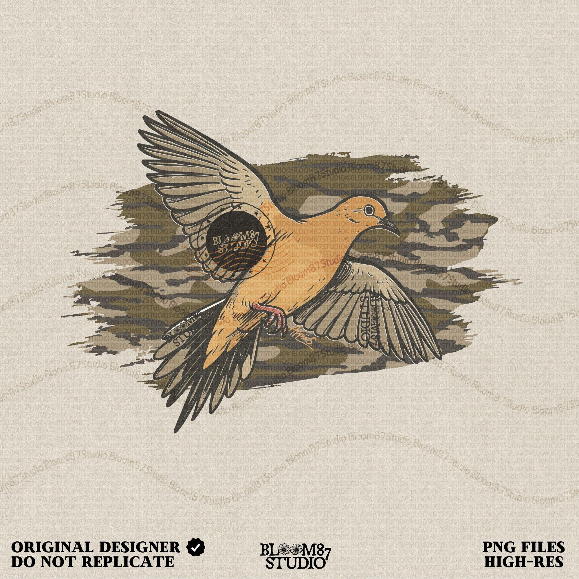 Solid version: Illustration of a mourning dove flying with wings spread, set against a camouflage background, hunting sublimation PNG.
Distressed version: Vintage mourning dove in flight with camo background, rustic distressed hunting PNG for outdoor crafts.