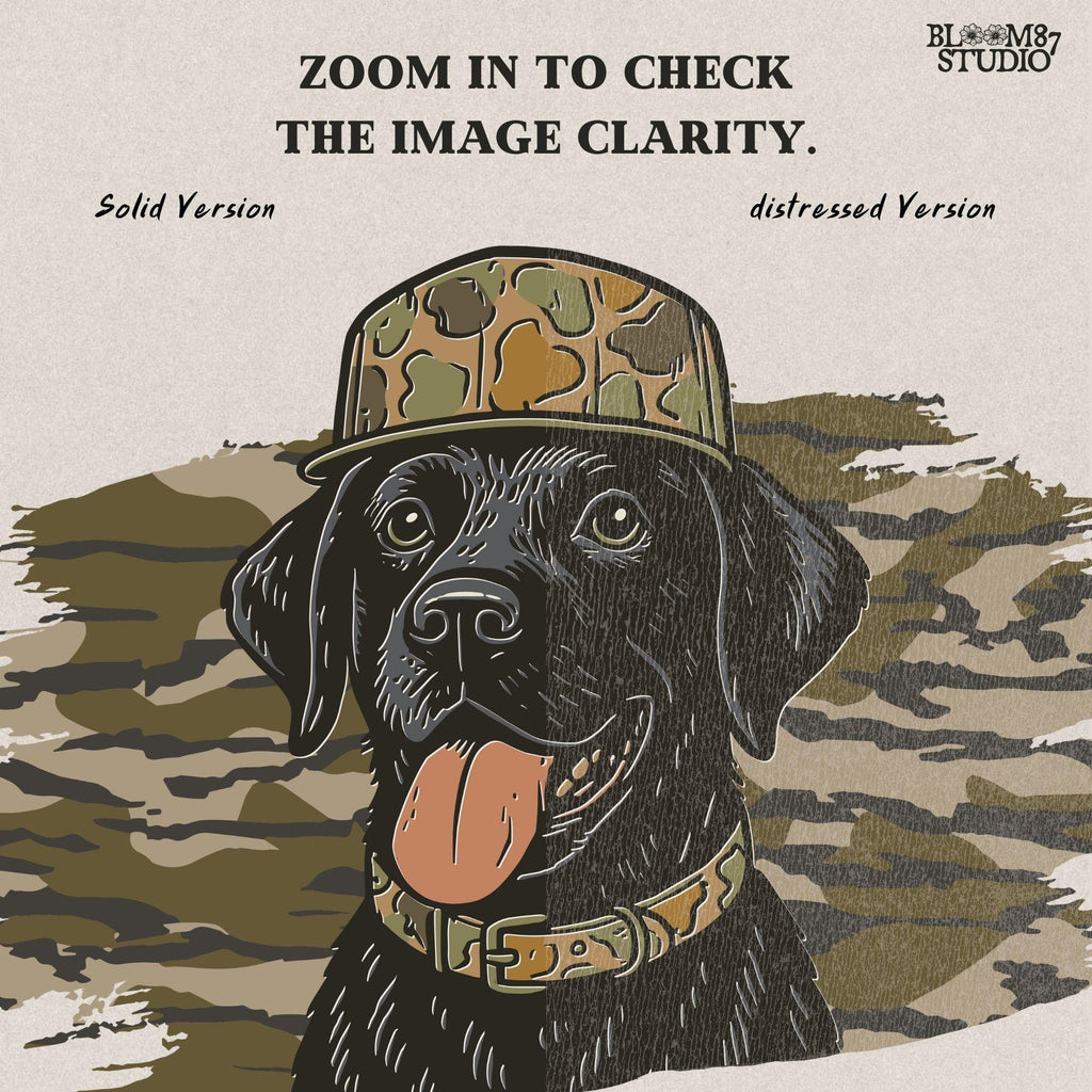 Solid version: Illustration of a black Labrador retriever wearing a camo hat and collar with camouflage background, hunting sublimation PNG.
Distressed version: Vintage distressed black lab with camo hat and collar against camo background, rustic hunting dog sublimation PNG.