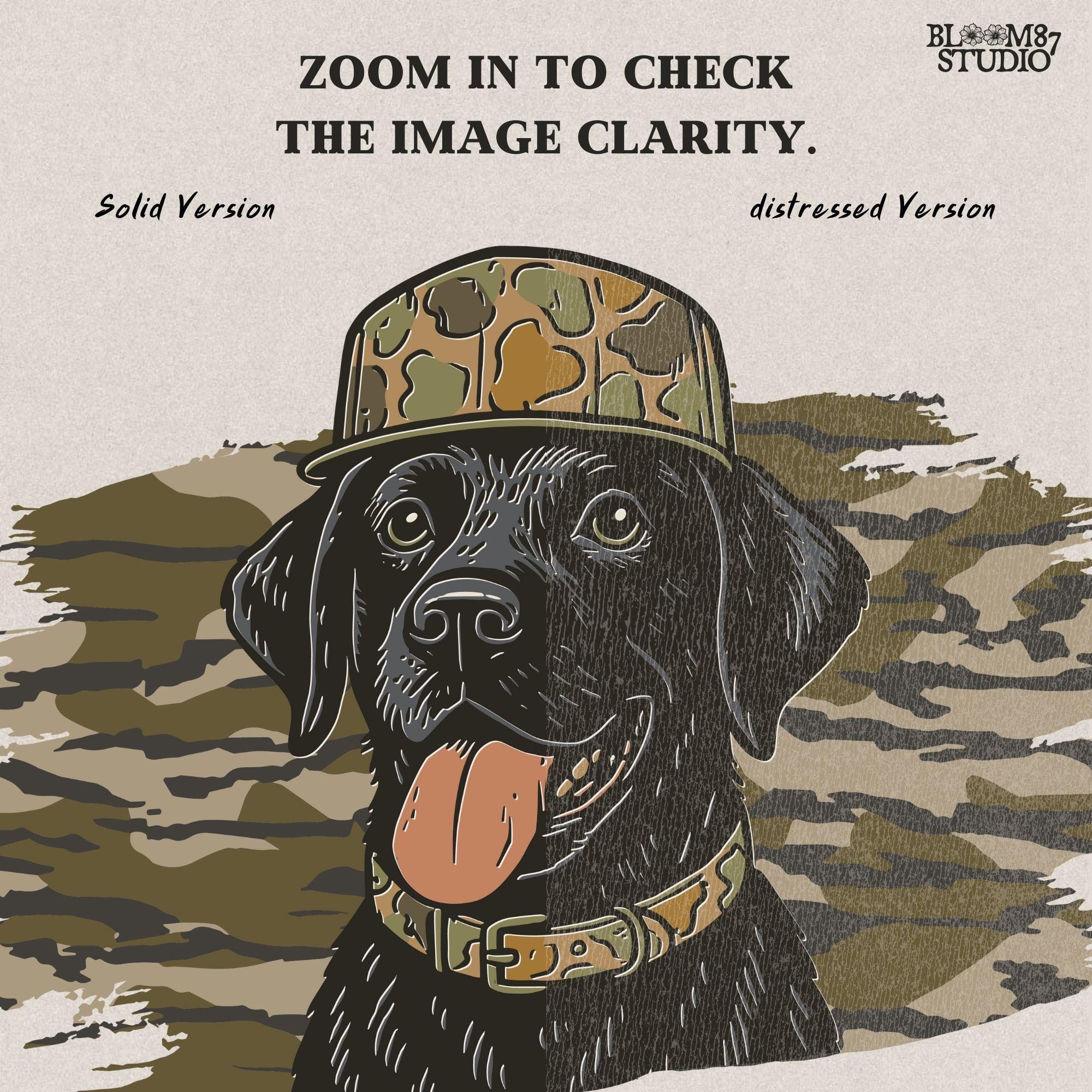 Solid version: Illustration of a black Labrador retriever wearing a camo hat and collar with camouflage background, hunting sublimation PNG.
Distressed version: Vintage distressed black lab with camo hat and collar against camo background, rustic hunting dog sublimation PNG.