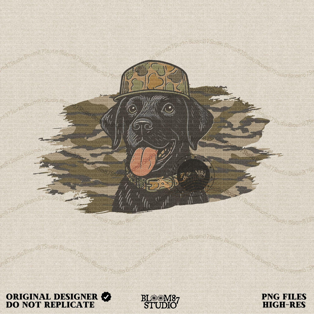 Solid version: Illustration of a black Labrador retriever wearing a camo hat and collar with camouflage background, hunting sublimation PNG.
Distressed version: Vintage distressed black lab with camo hat and collar against camo background, rustic hunting dog sublimation PNG.