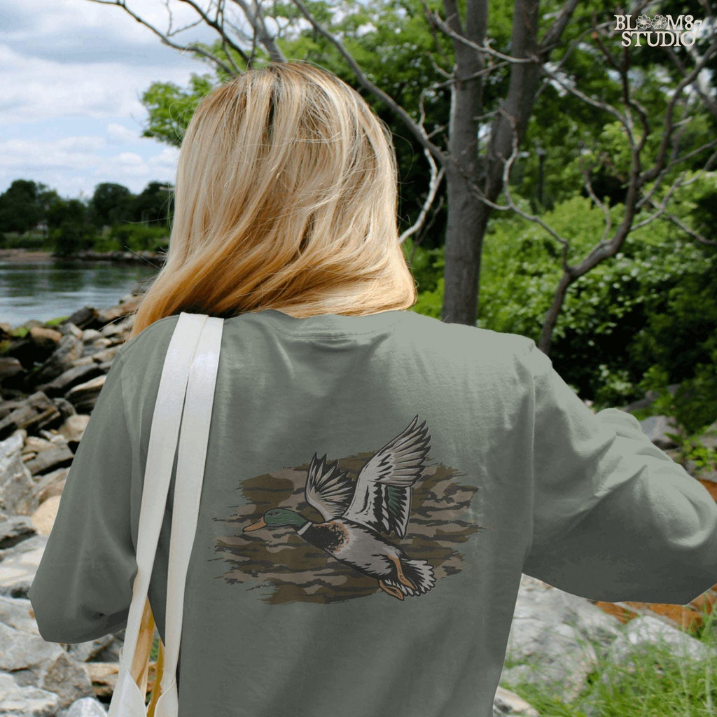 Solid version: Illustration of a flying mallard duck with green head and camouflage background, hunting sublimation PNG.
Distressed version: Vintage distressed flying mallard with camo background, rustic hunting sublimation PNG.