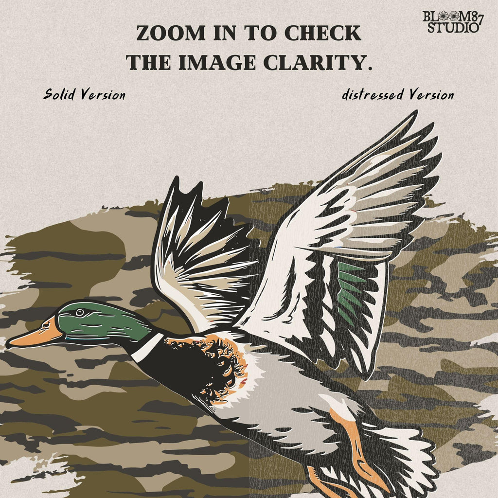 Solid version: Illustration of a flying mallard duck with green head and camouflage background, hunting sublimation PNG.
Distressed version: Vintage distressed flying mallard with camo background, rustic hunting sublimation PNG.