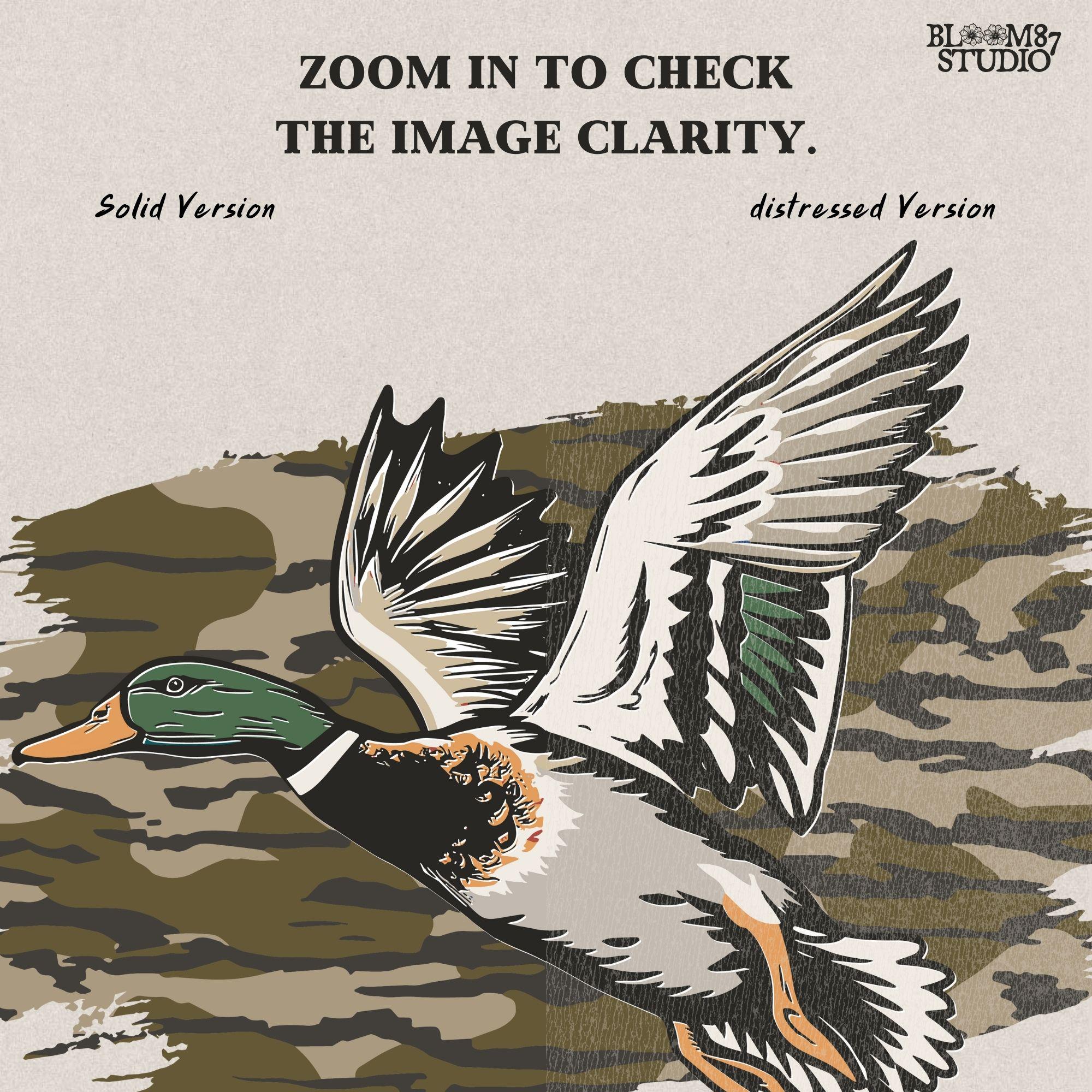 Solid version: Illustration of a flying mallard duck with green head and camouflage background, hunting sublimation PNG.
Distressed version: Vintage distressed flying mallard with camo background, rustic hunting sublimation PNG.