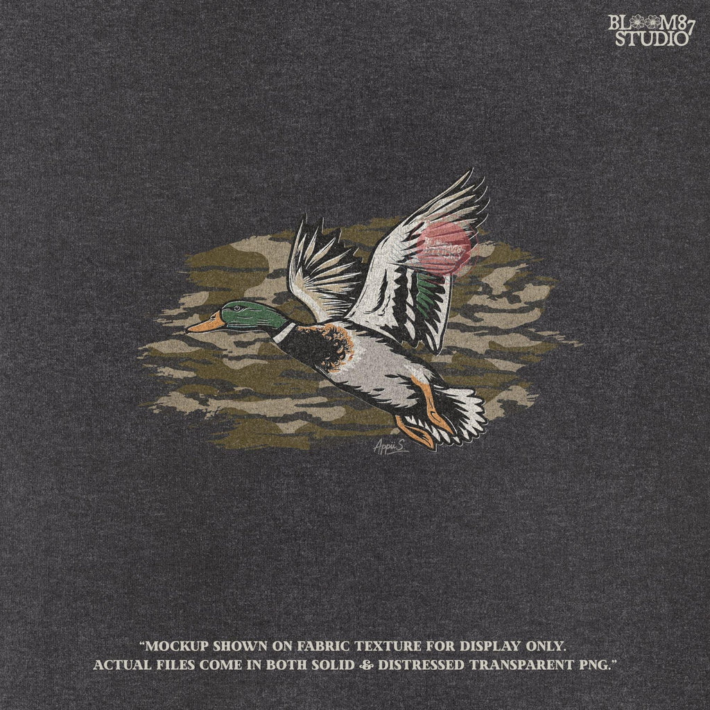 Solid version: Illustration of a flying mallard duck with green head and camouflage background, hunting sublimation PNG.
Distressed version: Vintage distressed flying mallard with camo background, rustic hunting sublimation PNG.