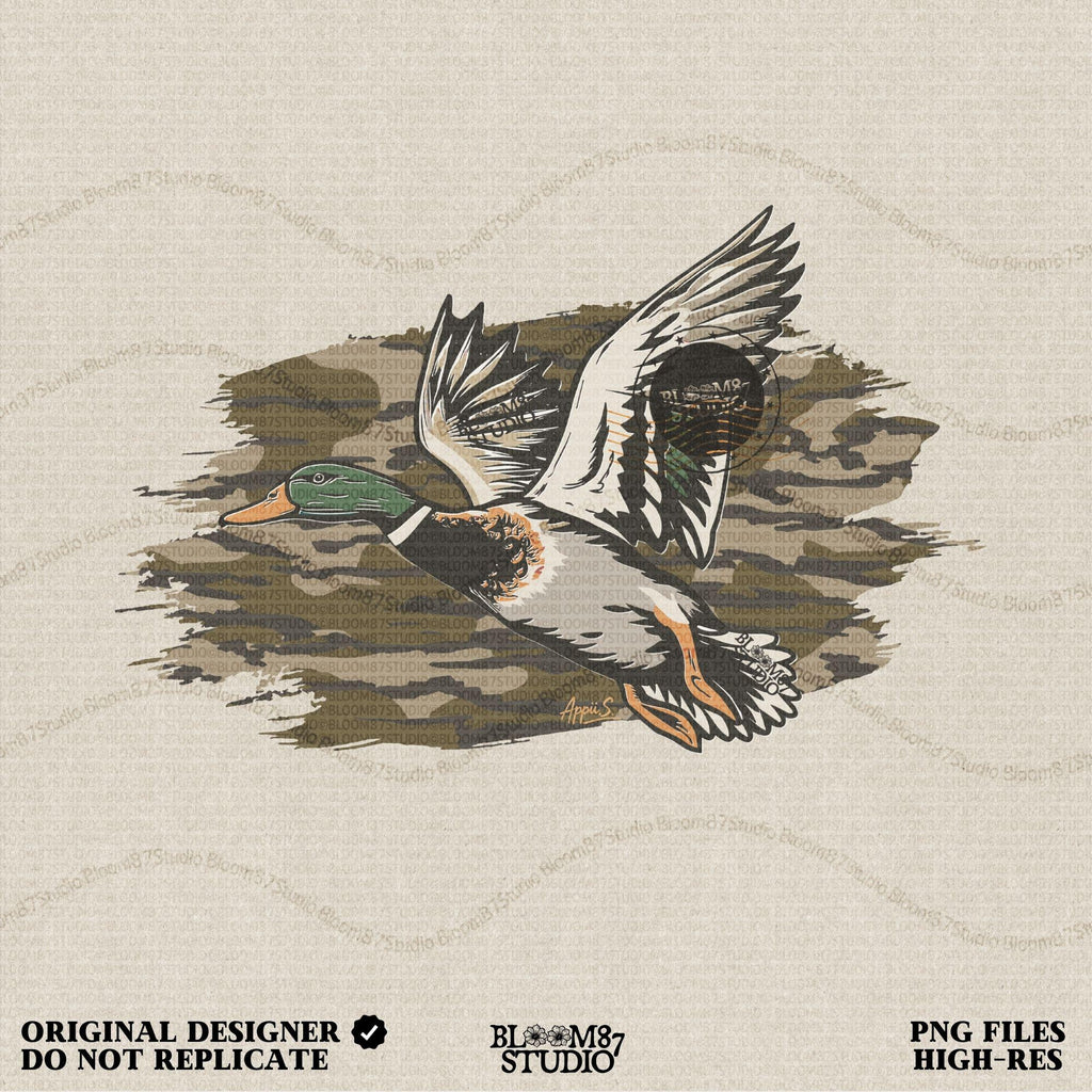 Solid version: Illustration of a flying mallard duck with green head and camouflage background, hunting sublimation PNG.
Distressed version: Vintage distressed flying mallard with camo background, rustic hunting sublimation PNG.
