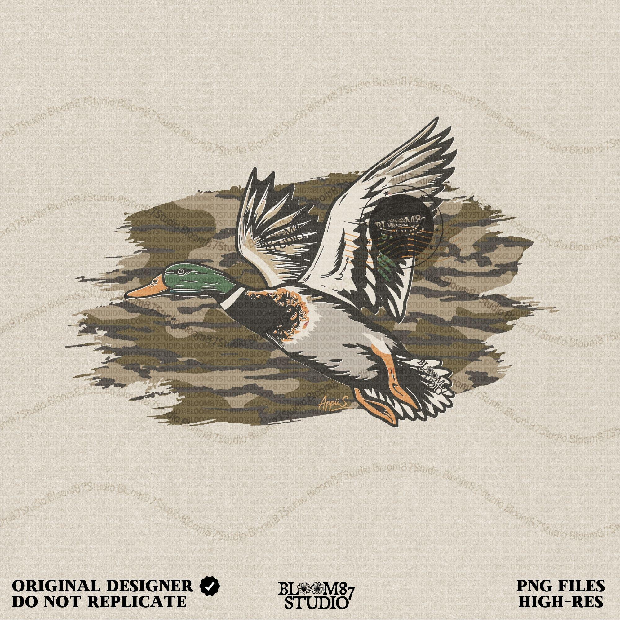 Solid version: Illustration of a flying mallard duck with green head and camouflage background, hunting sublimation PNG.
Distressed version: Vintage distressed flying mallard with camo background, rustic hunting sublimation PNG.