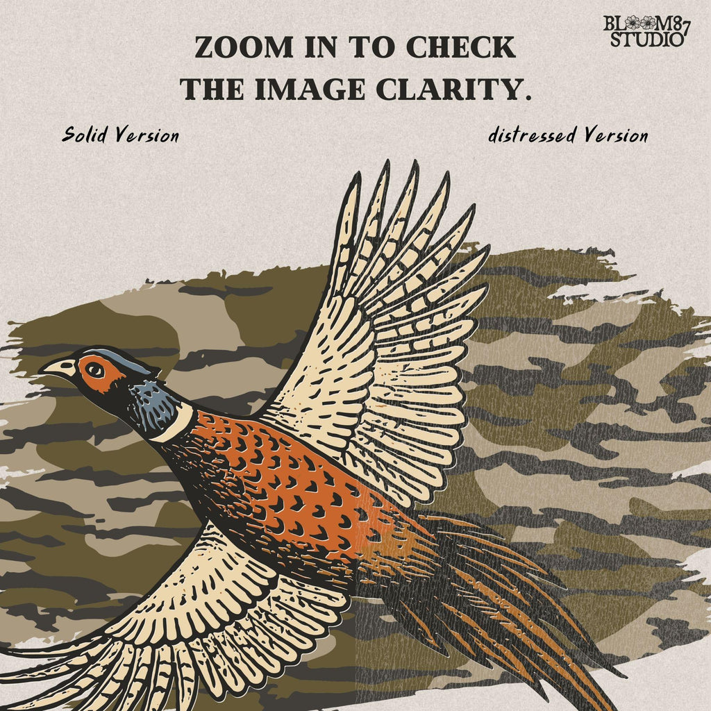 Solid version: Illustration of a flying pheasant with camouflage background, hunting sublimation PNG.
Distressed version: Vintage distressed pheasant in flight with camo backdrop, rustic hunting sublimation PNG.