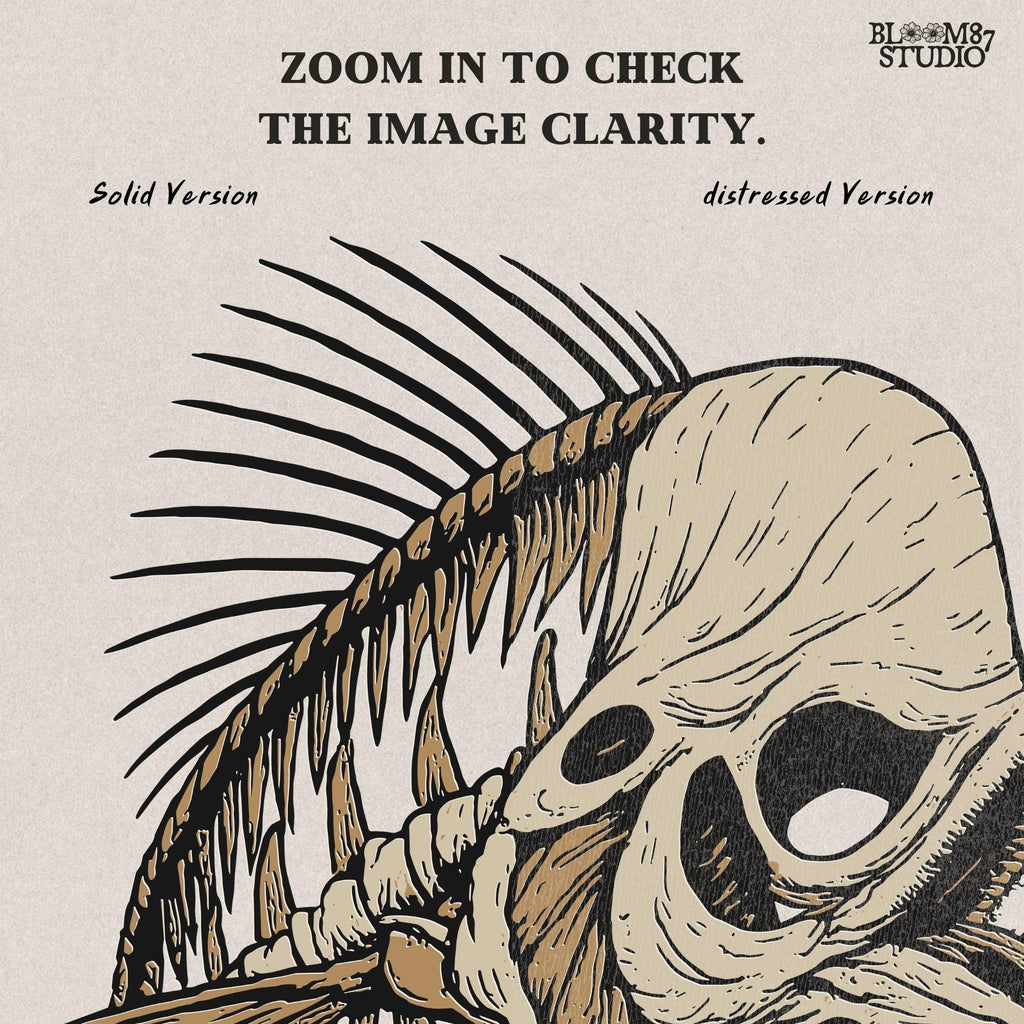 Solid version: Illustration of a spooky fish skeleton with skull head, Halloween creepy PNG design.
Distressed version: Vintage distressed skeleton fish with skull face and spiky bones, gothic Halloween PNG.