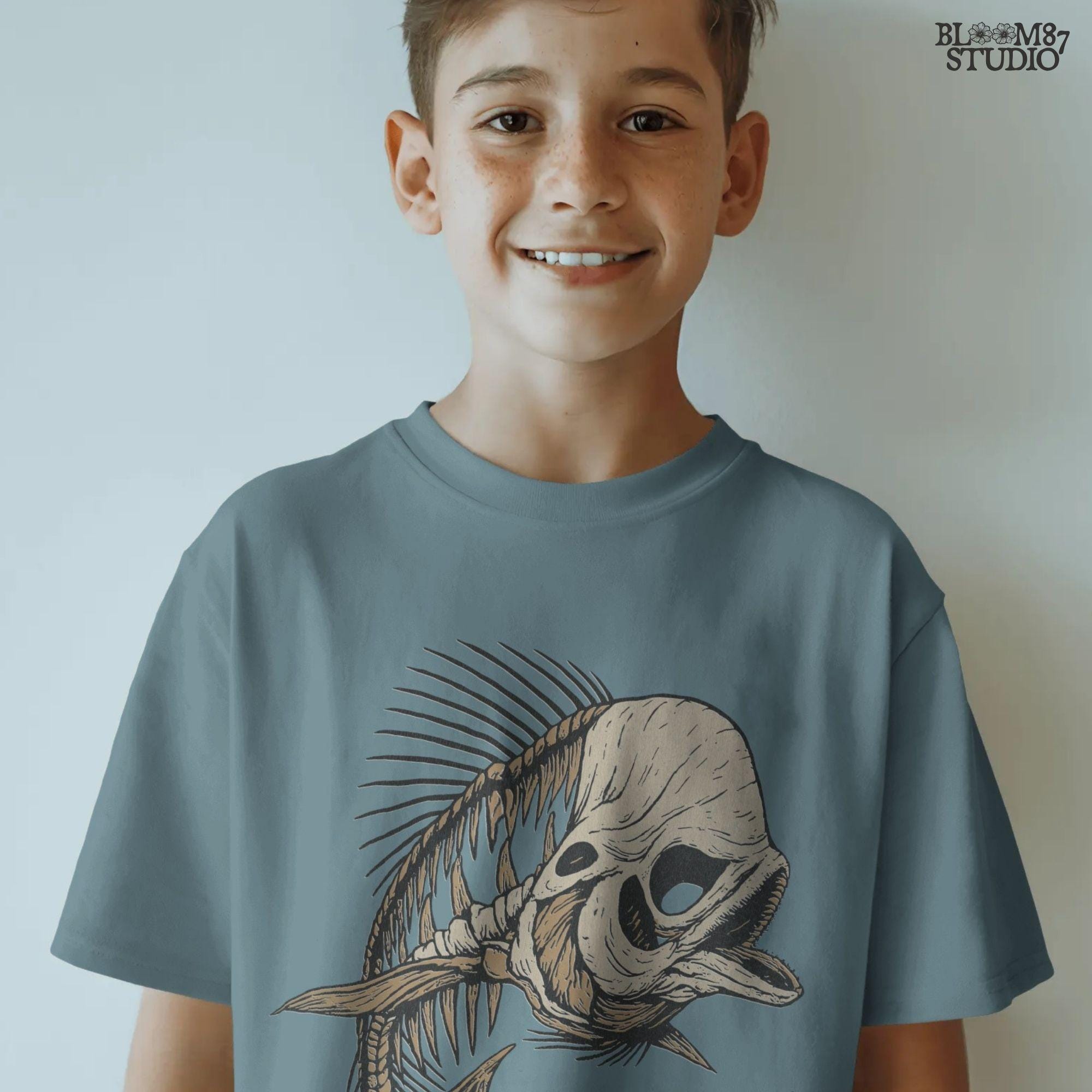 Solid version: Illustration of a spooky fish skeleton with skull head, Halloween creepy PNG design.
Distressed version: Vintage distressed skeleton fish with skull face and spiky bones, gothic Halloween PNG.