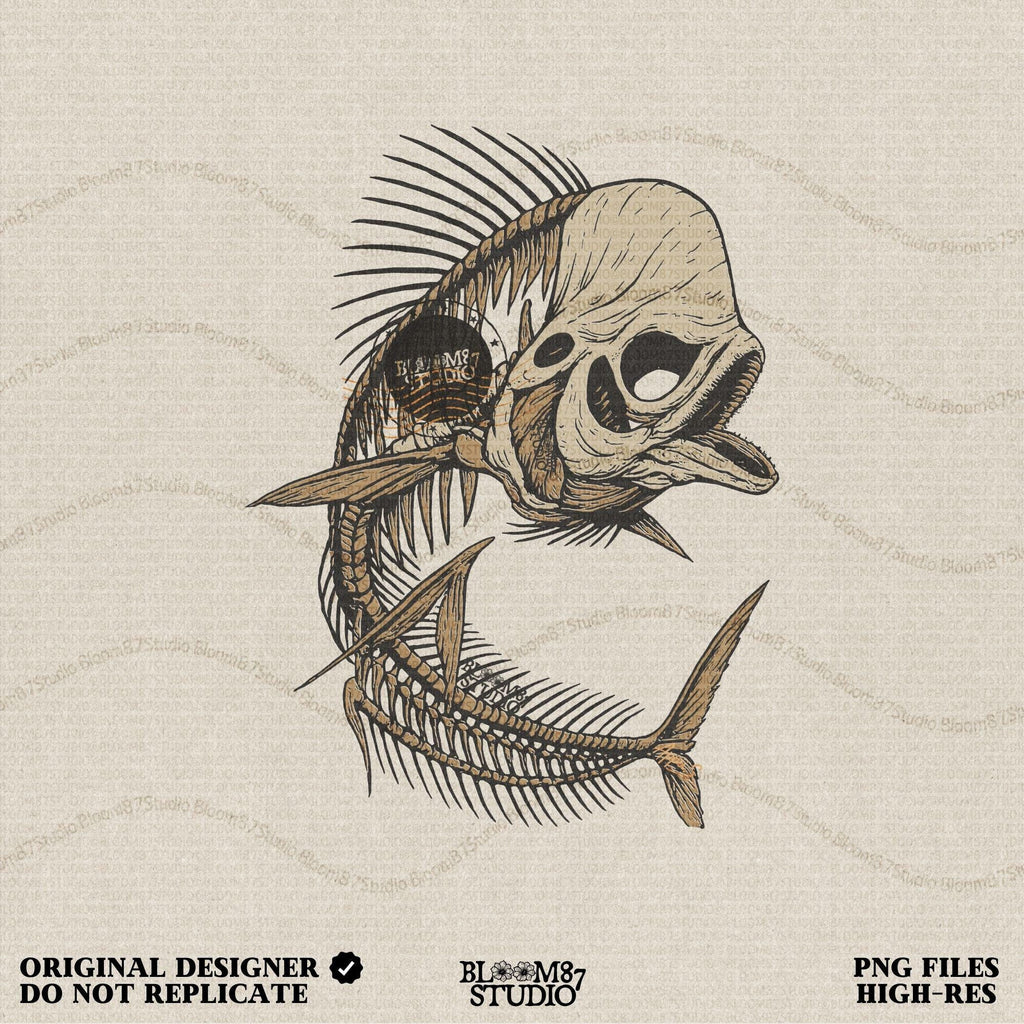 Solid version: Illustration of a spooky fish skeleton with skull head, Halloween creepy PNG design.
Distressed version: Vintage distressed skeleton fish with skull face and spiky bones, gothic Halloween PNG.