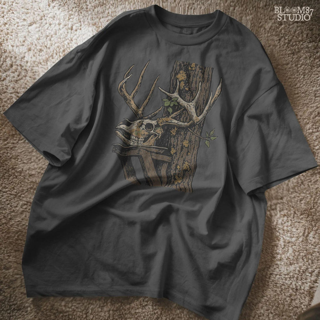 Solid version: Illustration of a deer skull with antlers leaning on a tree, spooky hunting Halloween PNG.
Distressed version: Vintage distressed deer skull with antlers and rustic tree background, hunting lodge Halloween PNG.