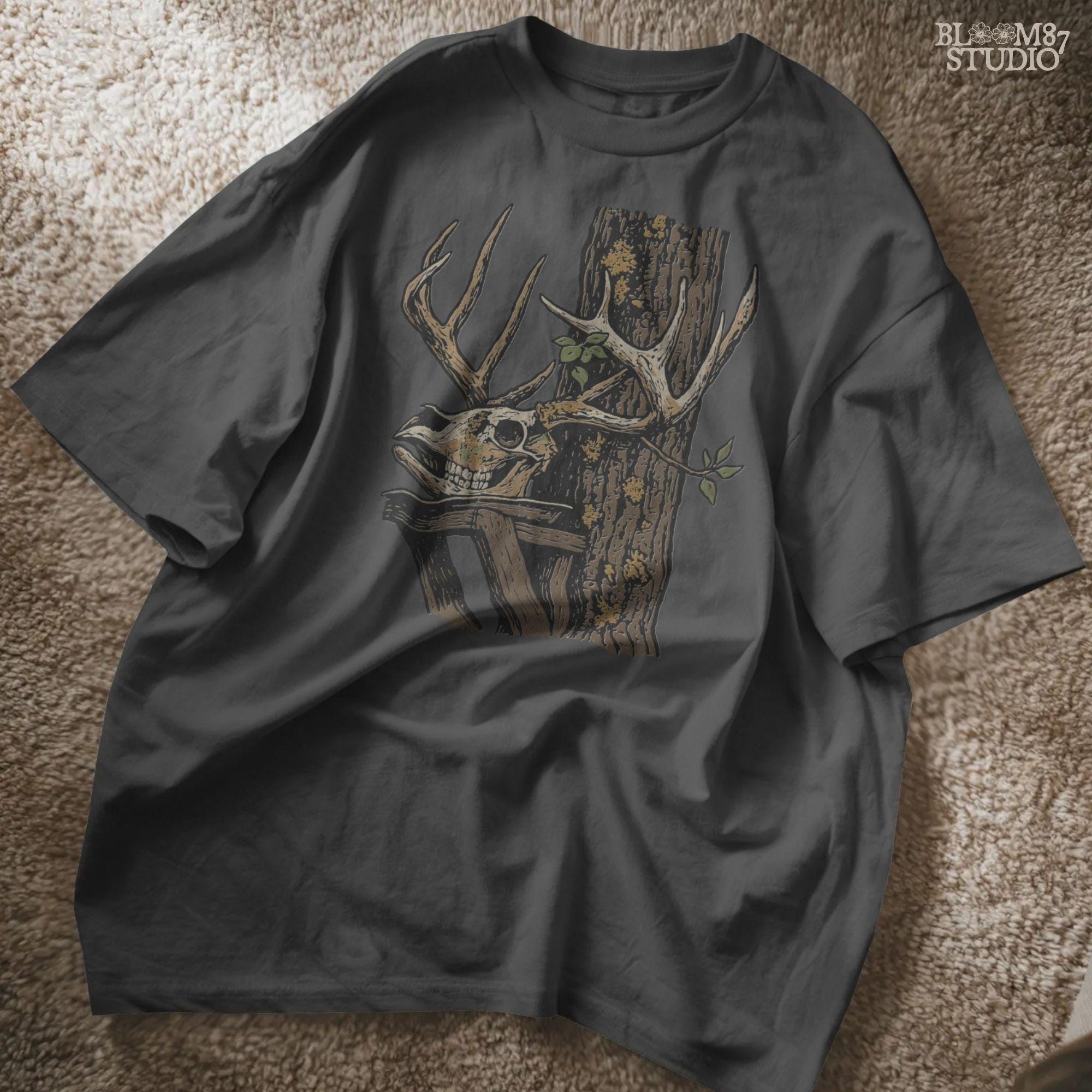 Solid version: Illustration of a deer skull with antlers leaning on a tree, spooky hunting Halloween PNG.
Distressed version: Vintage distressed deer skull with antlers and rustic tree background, hunting lodge Halloween PNG.