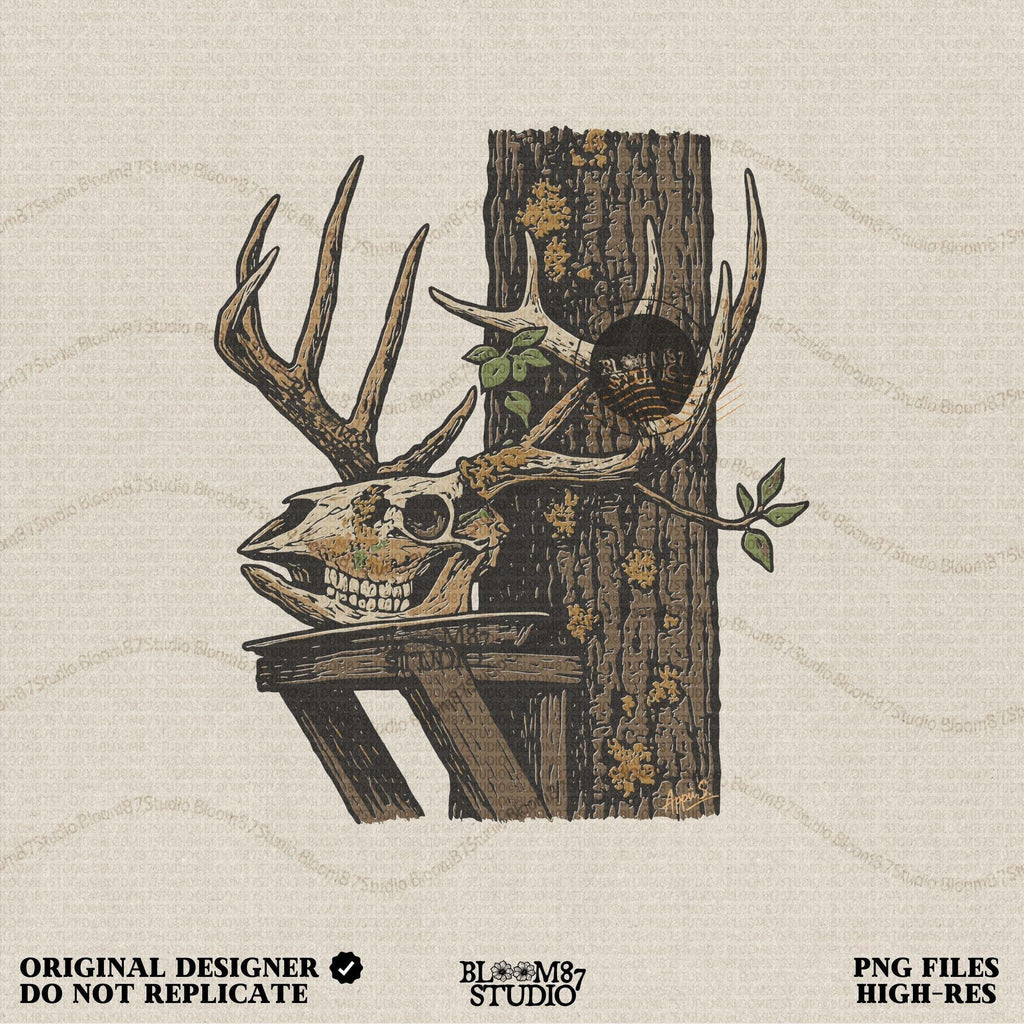 Solid version: Illustration of a deer skull with antlers leaning on a tree, spooky hunting Halloween PNG.
Distressed version: Vintage distressed deer skull with antlers and rustic tree background, hunting lodge Halloween PNG.