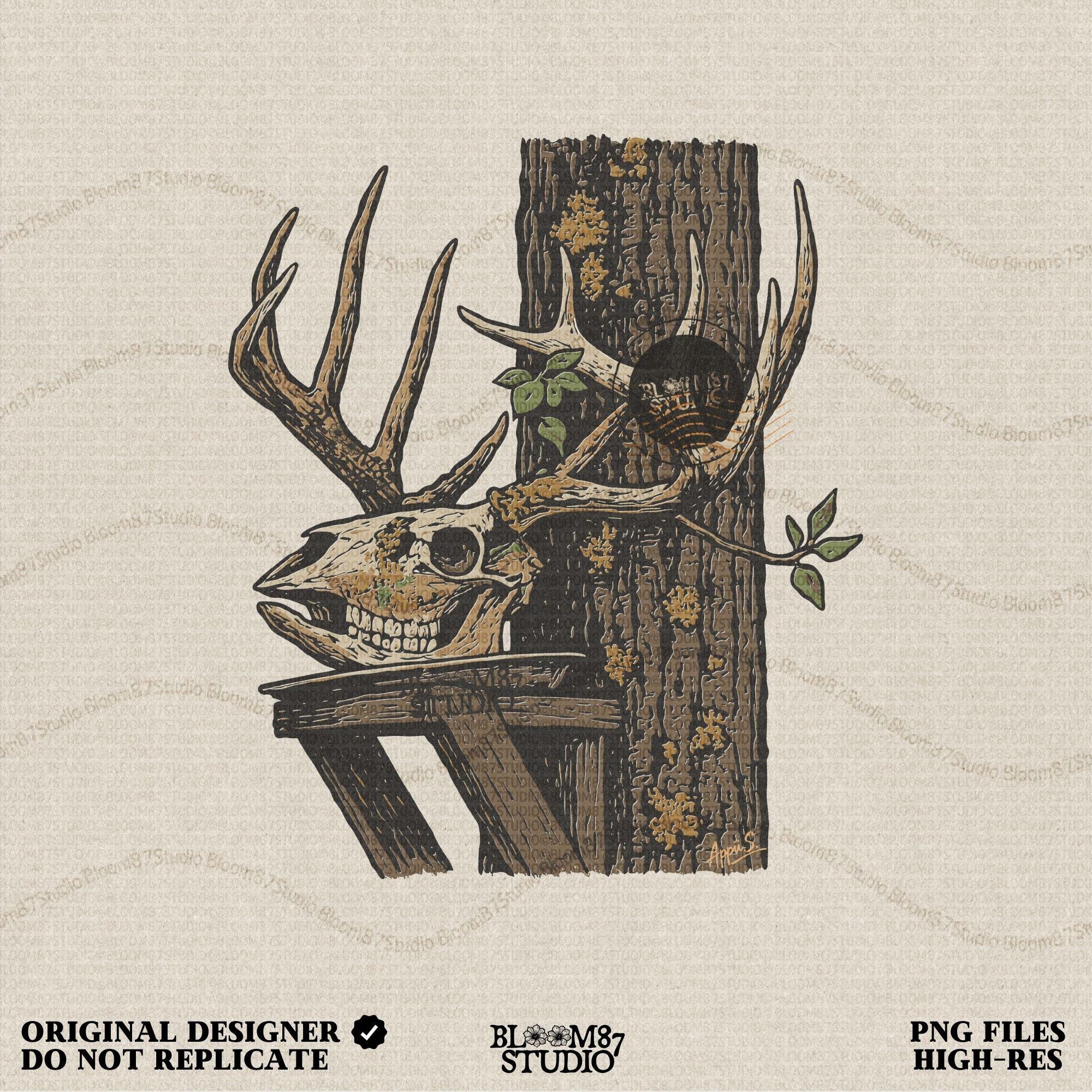 Solid version: Illustration of a deer skull with antlers leaning on a tree, spooky hunting Halloween PNG.
Distressed version: Vintage distressed deer skull with antlers and rustic tree background, hunting lodge Halloween PNG.