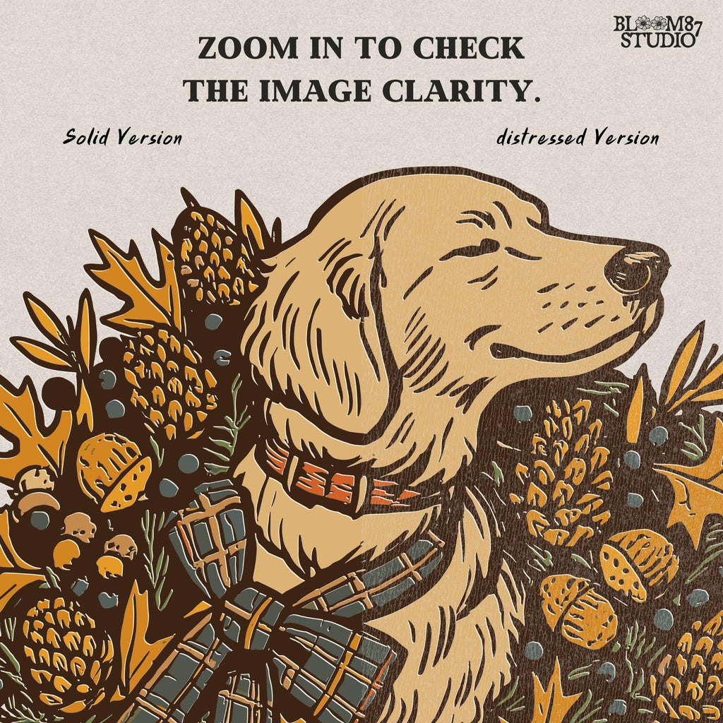 Solid version: Fall dog PNG of golden retriever with autumn wreath, pinecones, acorns, rustic thanksgiving clipart.
Distressed version: Vintage golden retriever fall dog illustration with rustic autumn leaves wreath, thanksgiving sublimation PNG.