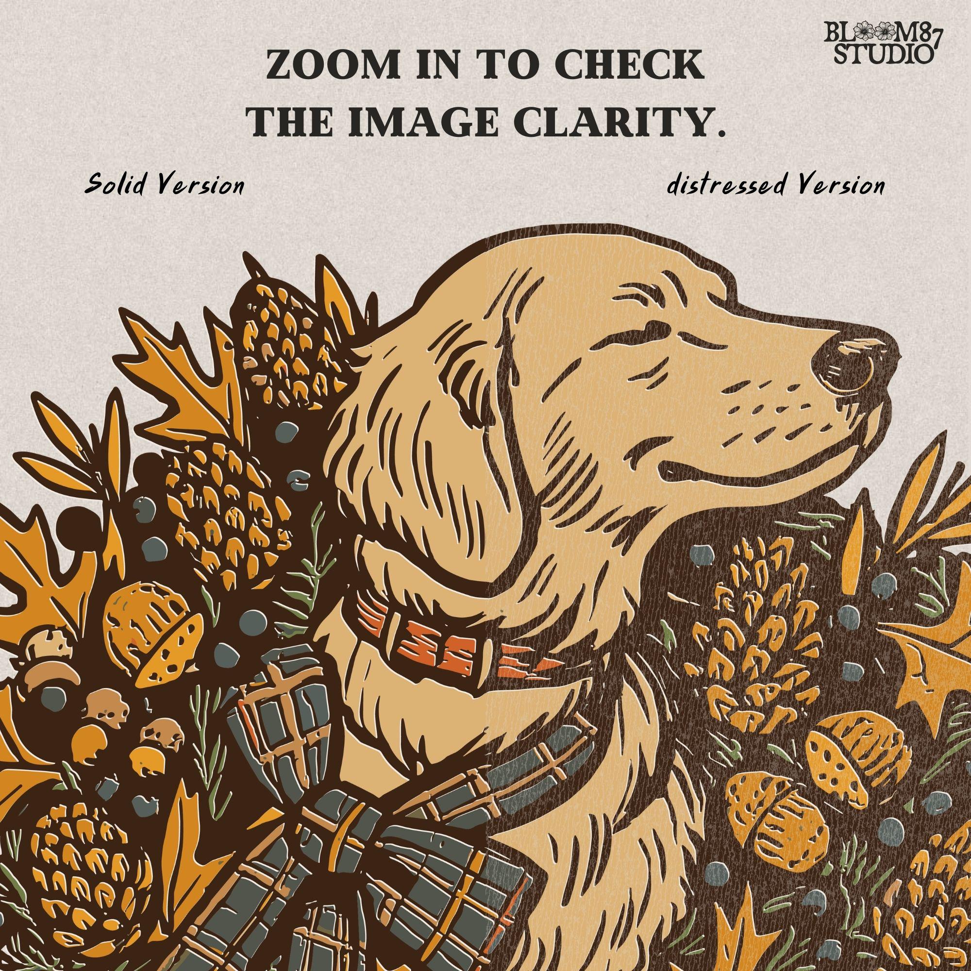 Solid version: Fall dog PNG of golden retriever with autumn wreath, pinecones, acorns, rustic thanksgiving clipart.
Distressed version: Vintage golden retriever fall dog illustration with rustic autumn leaves wreath, thanksgiving sublimation PNG.