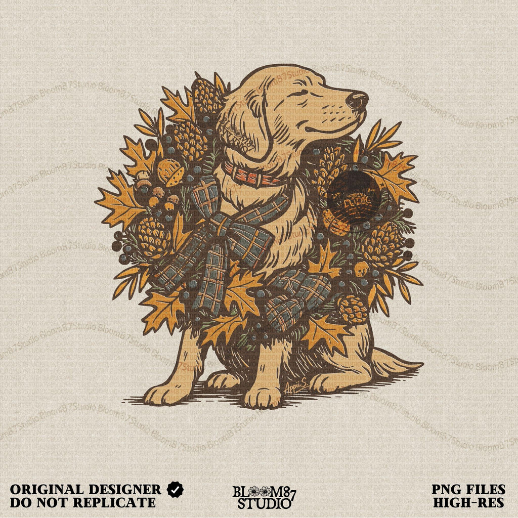 Solid version: Fall dog PNG of golden retriever with autumn wreath, pinecones, acorns, rustic thanksgiving clipart.
Distressed version: Vintage golden retriever fall dog illustration with rustic autumn leaves wreath, thanksgiving sublimation PNG.