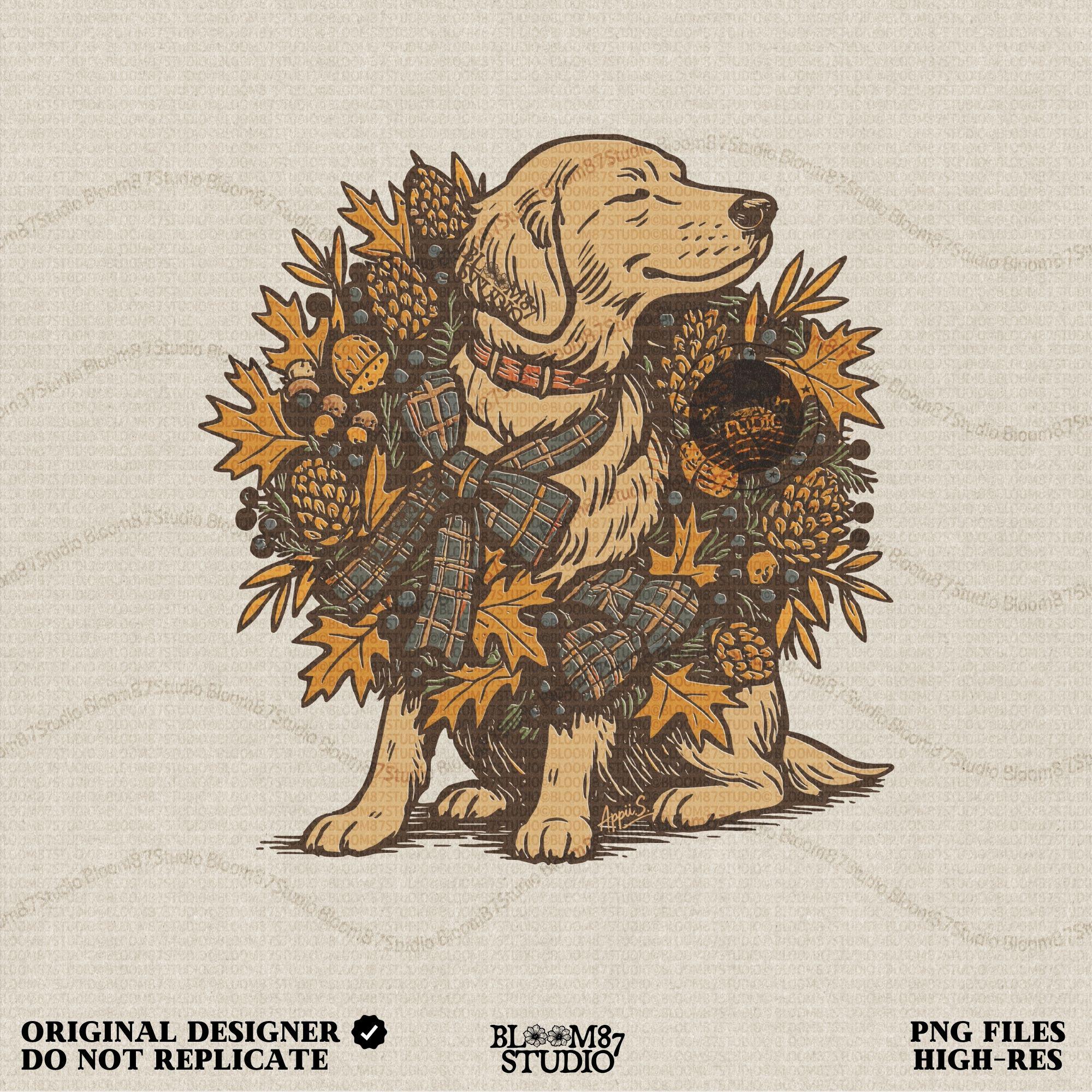 Solid version: Fall dog PNG of golden retriever with autumn wreath, pinecones, acorns, rustic thanksgiving clipart.
Distressed version: Vintage golden retriever fall dog illustration with rustic autumn leaves wreath, thanksgiving sublimation PNG.