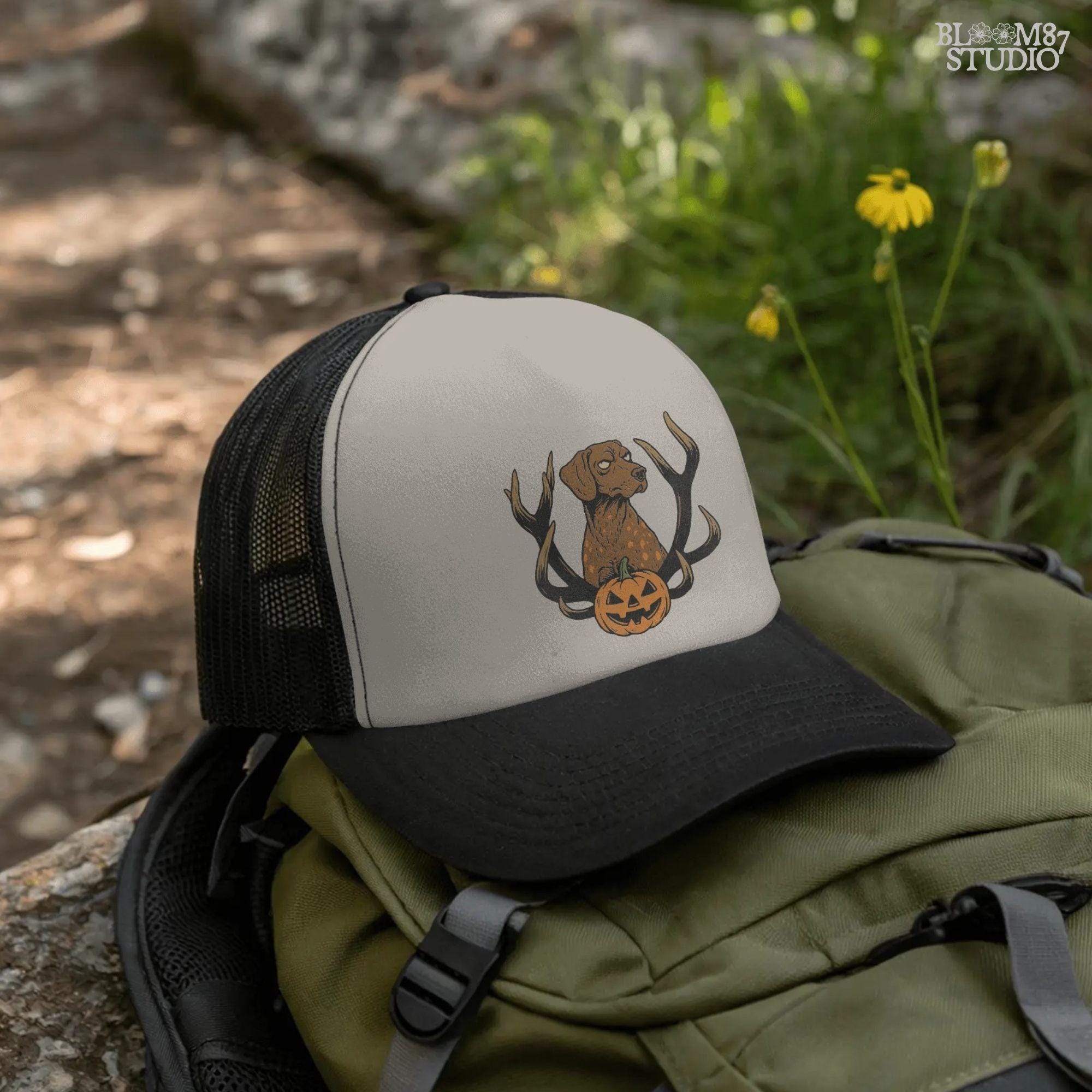 Solid version: Halloween dog PNG with antlers and pumpkin, spooky hunting dog digital download.

Distressed version: Vintage Halloween dog PNG with antlers and jack-o’-lantern, rustic hunting sublimation design.