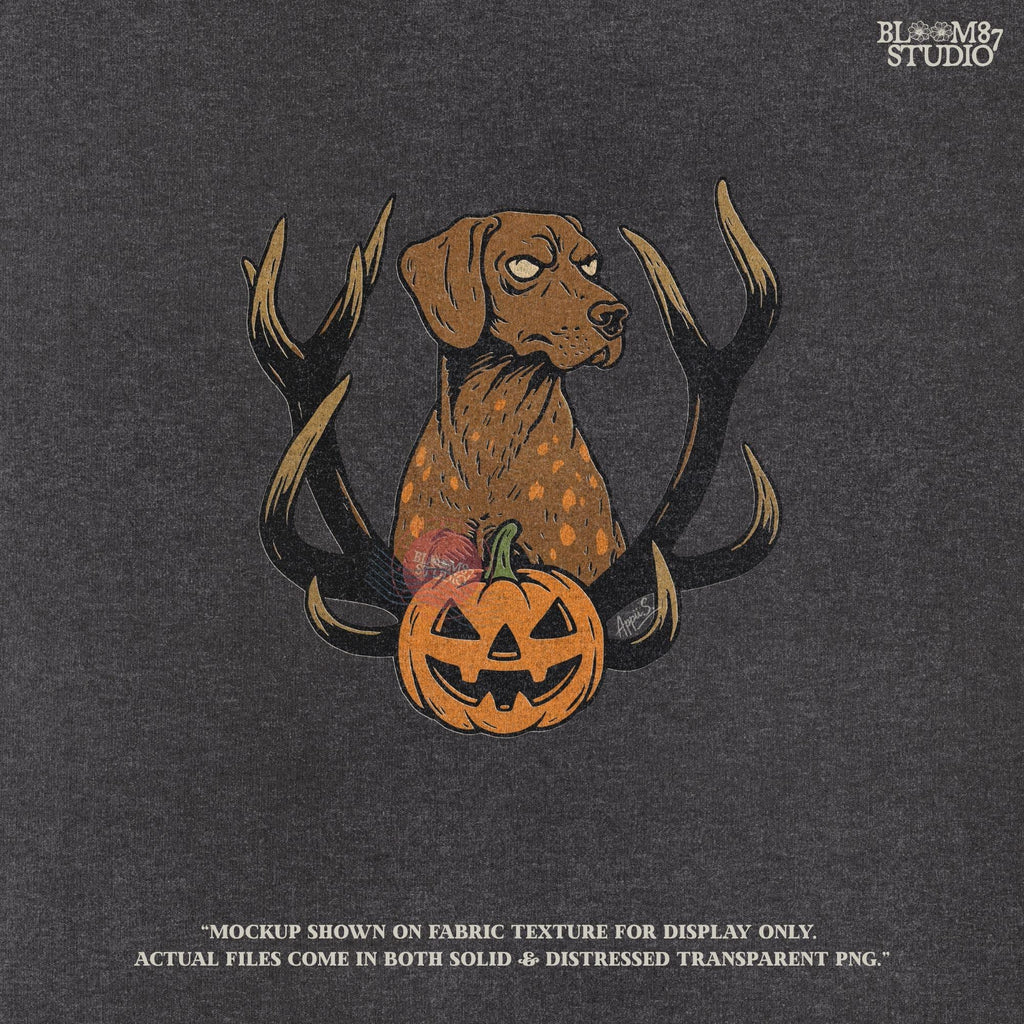 Solid version: Halloween dog PNG with antlers and pumpkin, spooky hunting dog digital download.

Distressed version: Vintage Halloween dog PNG with antlers and jack-o’-lantern, rustic hunting sublimation design.