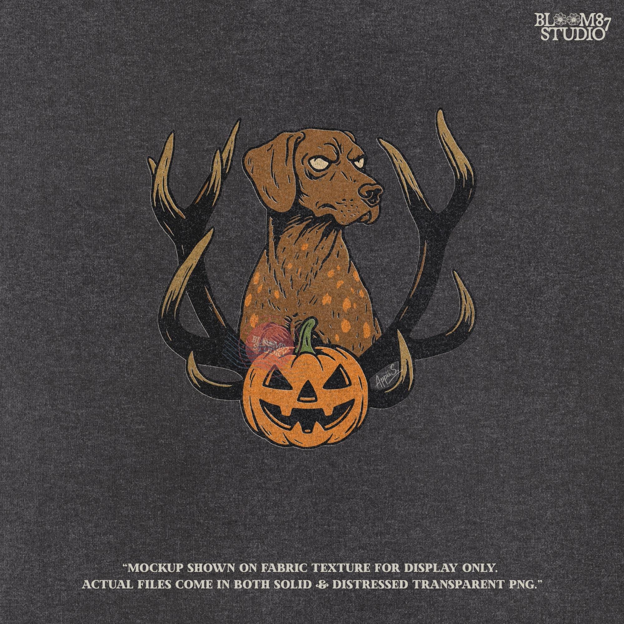 Solid version: Halloween dog PNG with antlers and pumpkin, spooky hunting dog digital download.

Distressed version: Vintage Halloween dog PNG with antlers and jack-o’-lantern, rustic hunting sublimation design.