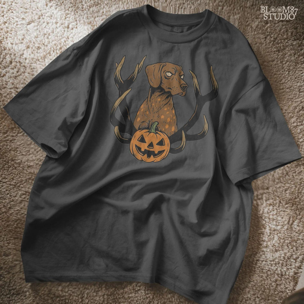 Solid version: Halloween dog PNG with antlers and pumpkin, spooky hunting dog digital download.

Distressed version: Vintage Halloween dog PNG with antlers and jack-o’-lantern, rustic hunting sublimation design.