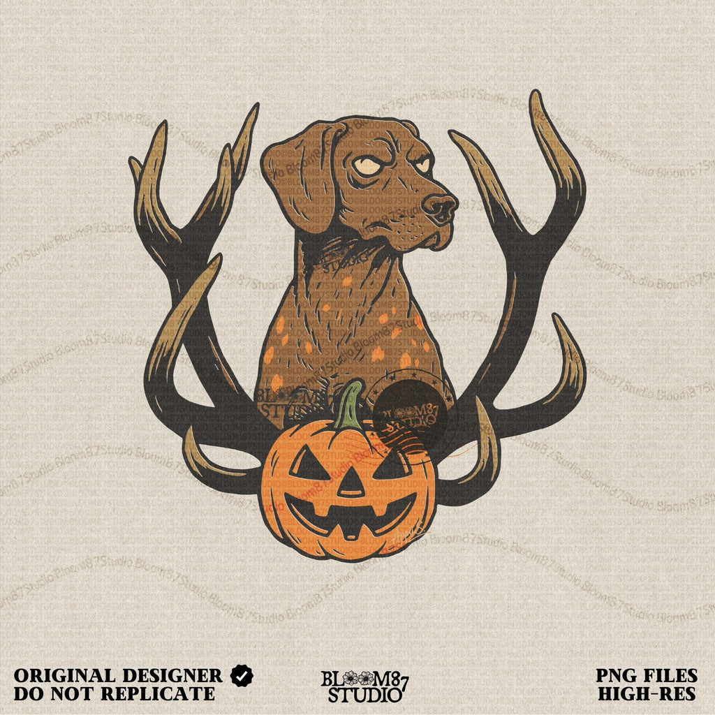 Solid version: Halloween dog PNG with antlers and pumpkin, spooky hunting dog digital download.

Distressed version: Vintage Halloween dog PNG with antlers and jack-o’-lantern, rustic hunting sublimation design.