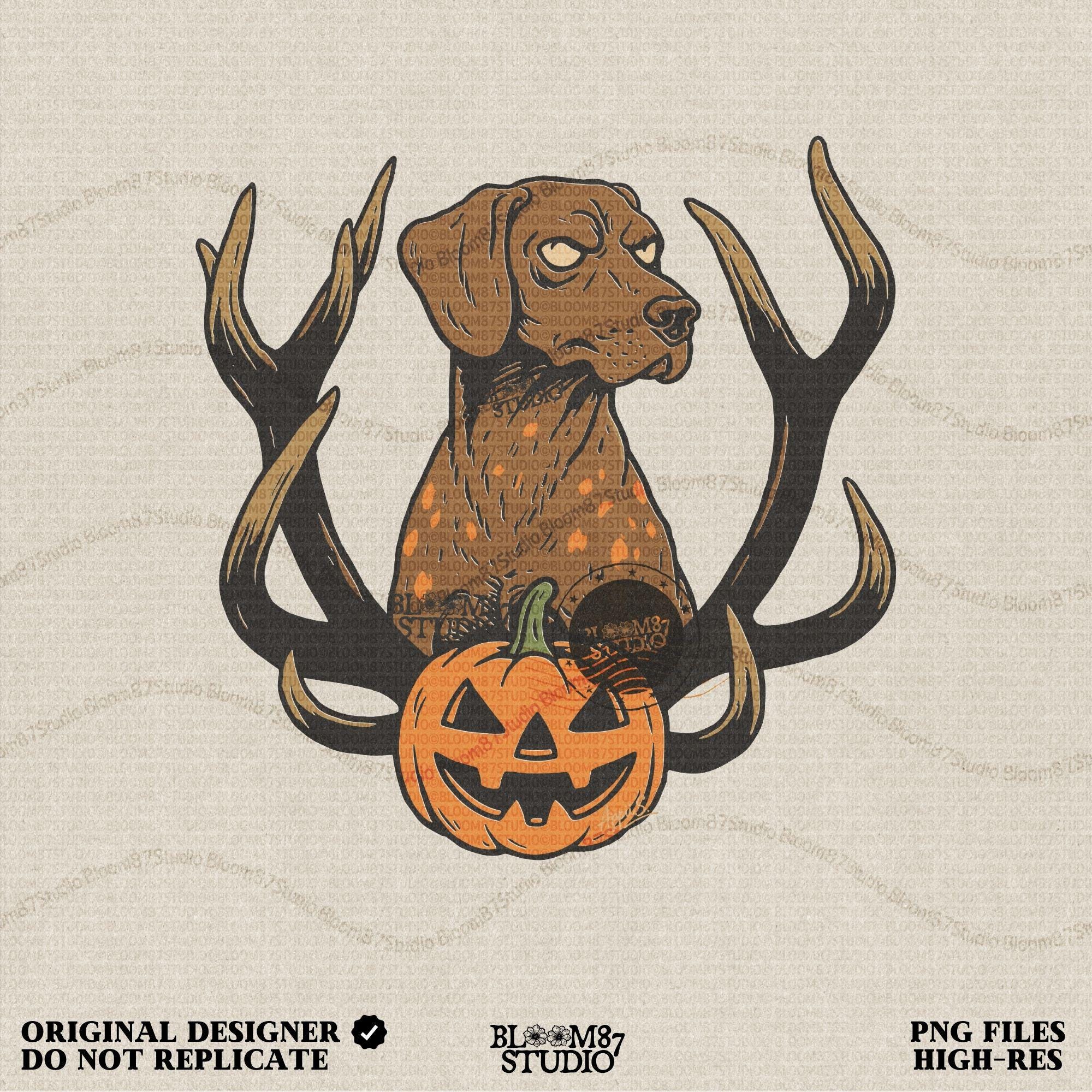 Solid version: Halloween dog PNG with antlers and pumpkin, spooky hunting dog digital download.

Distressed version: Vintage Halloween dog PNG with antlers and jack-o’-lantern, rustic hunting sublimation design.